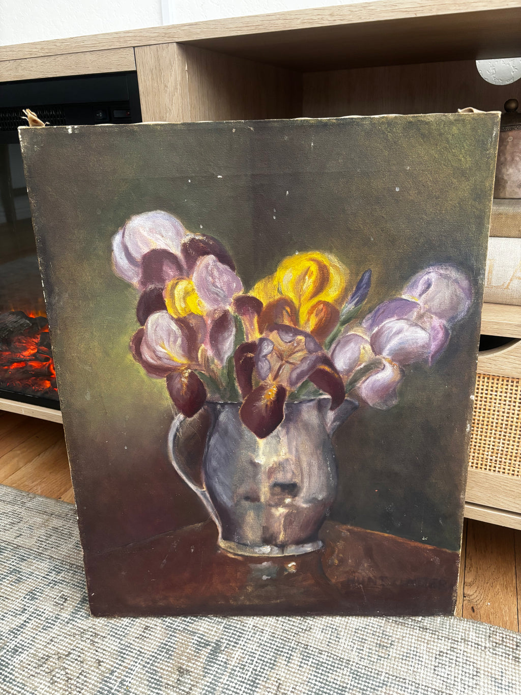Vintage Iris Still Life Oil Painting