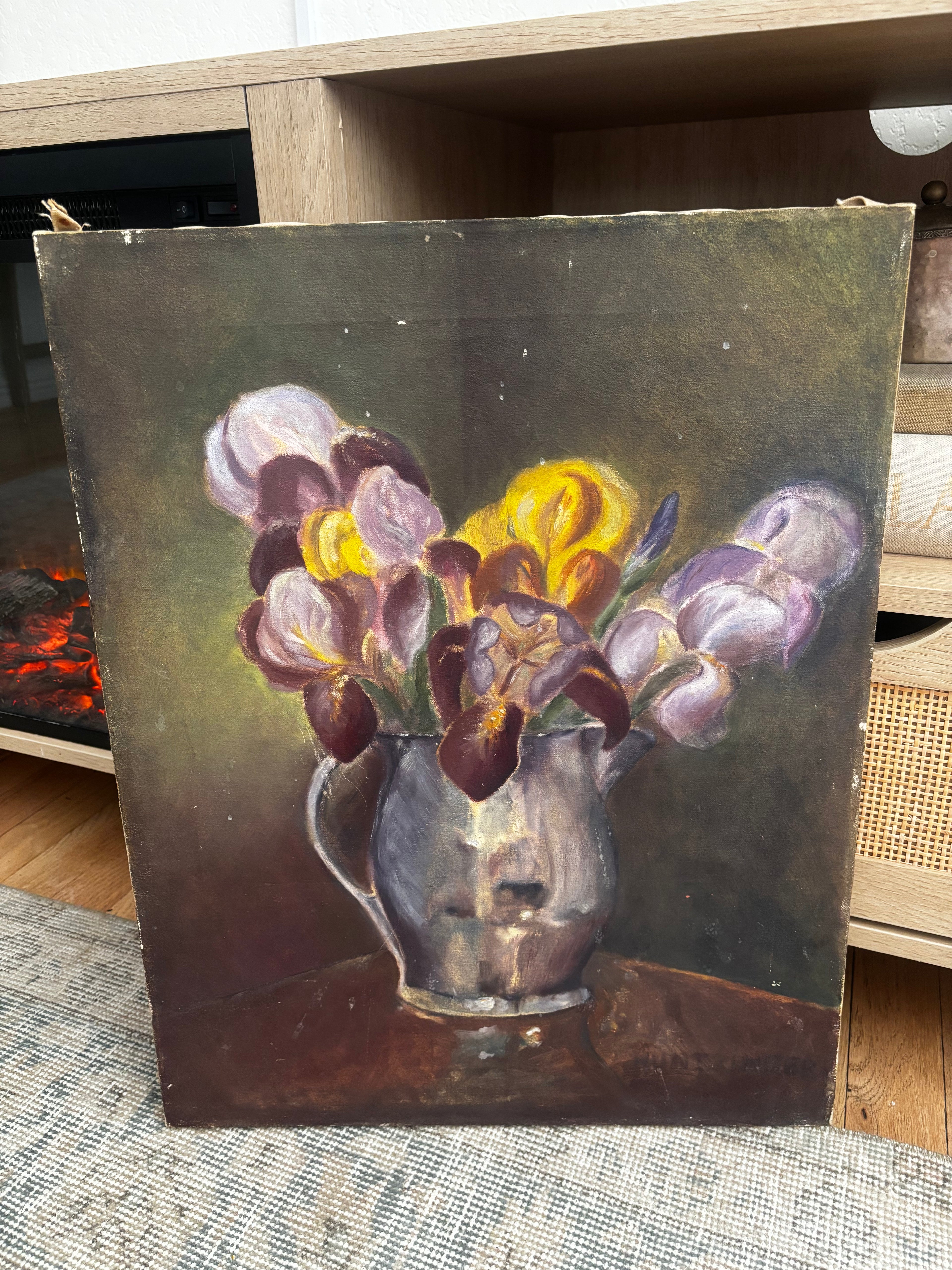 Vintage Iris Still Life Oil Painting