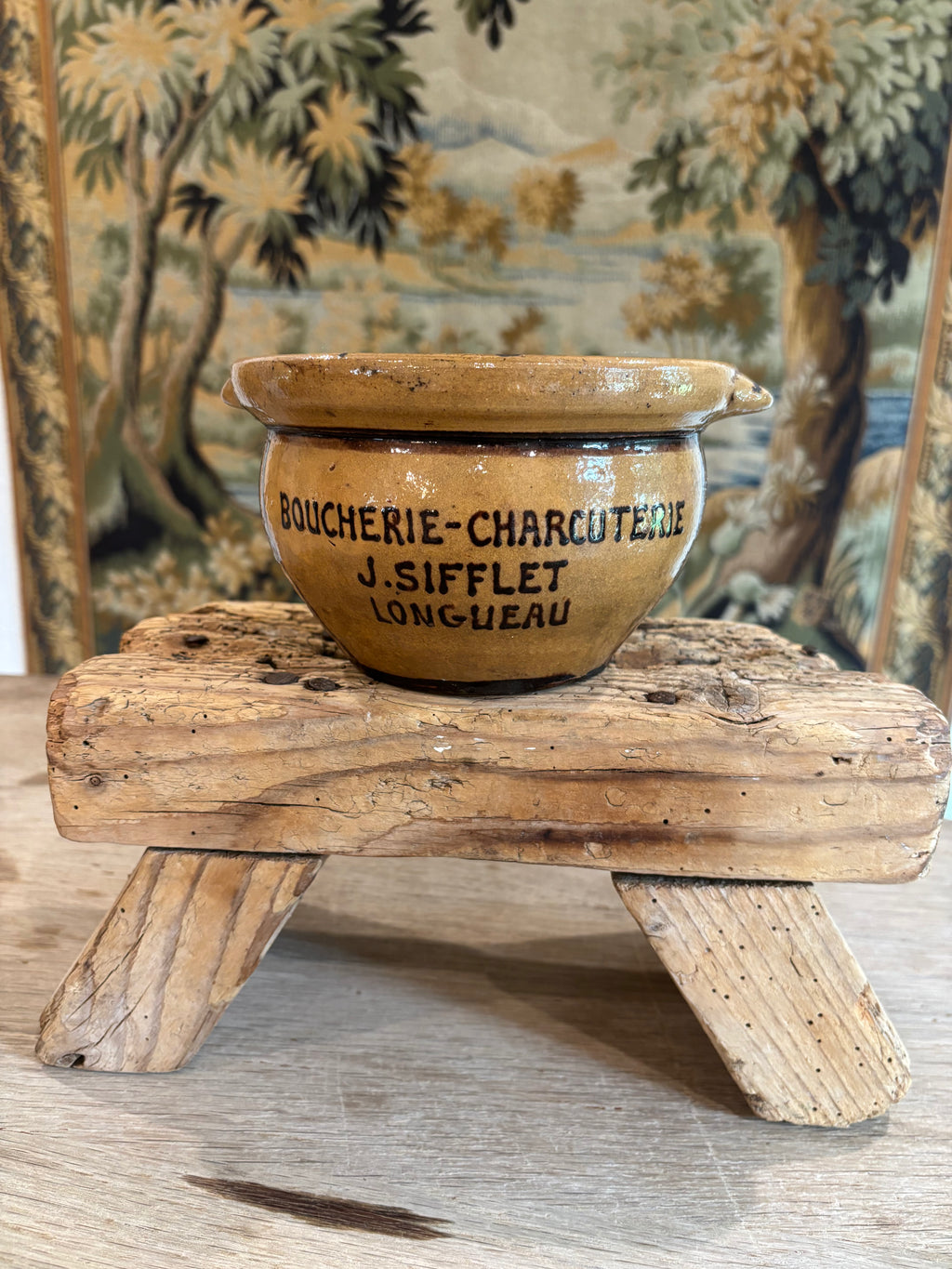 Antique French Advertising Terrine Pot With Lid - Boucherie-Charcuterie