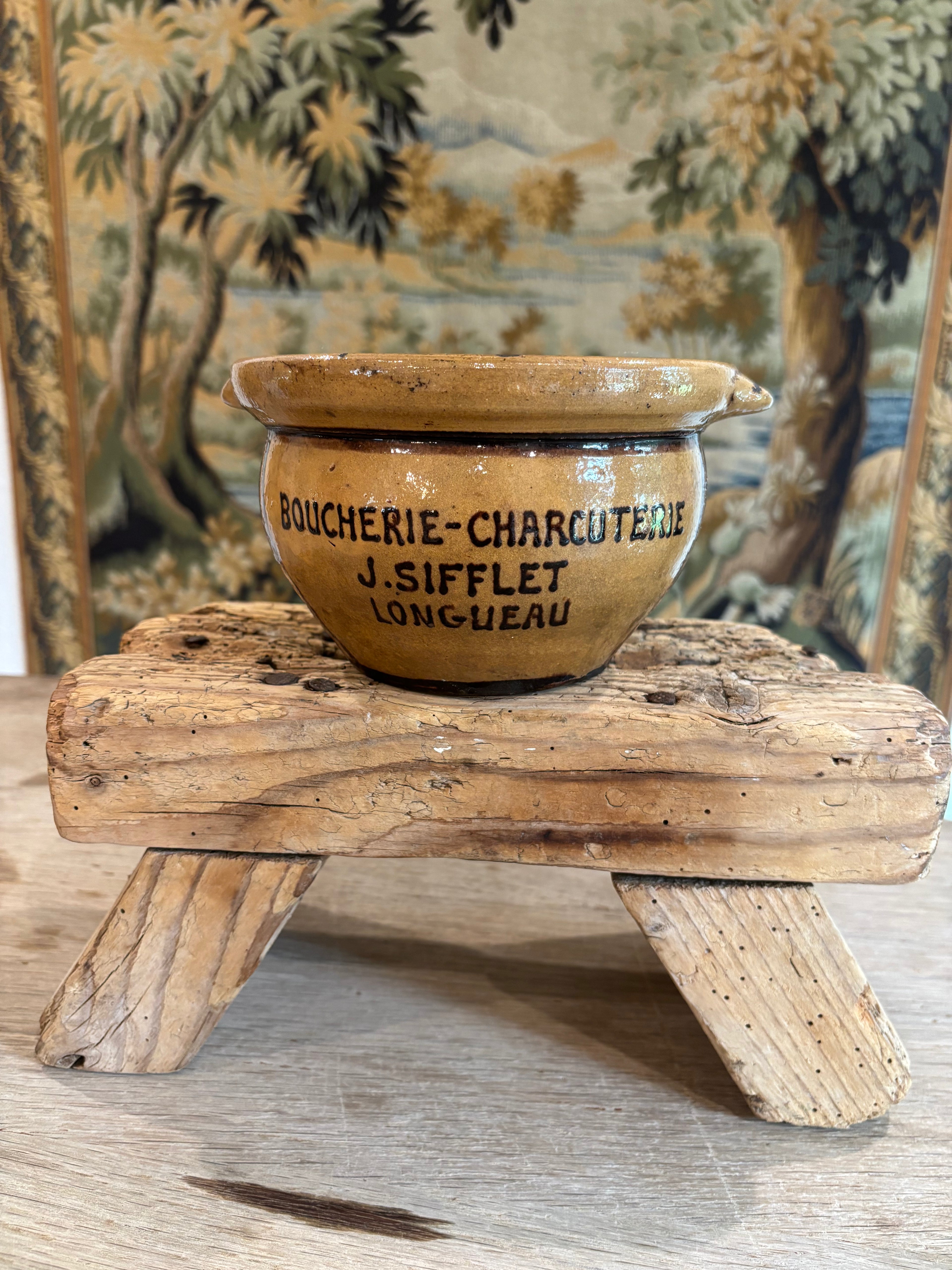 Antique French Advertising Terrine Pot With Lid - Boucherie-Charcuterie