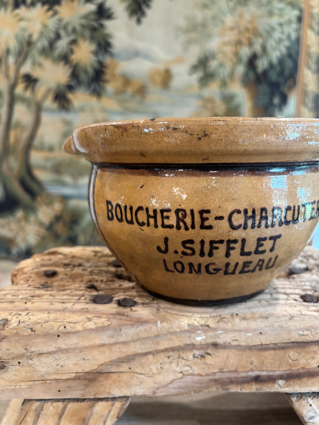 Antique French Advertising Terrine Pot With Lid - Boucherie-Charcuterie