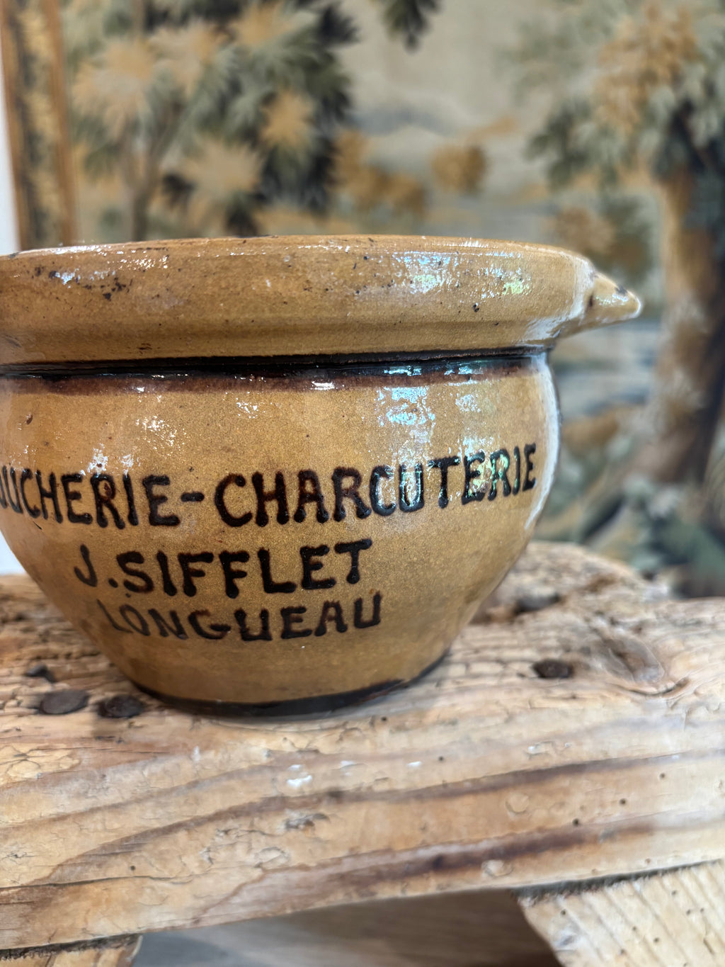 Antique French Advertising Terrine Pot With Lid - Boucherie-Charcuterie