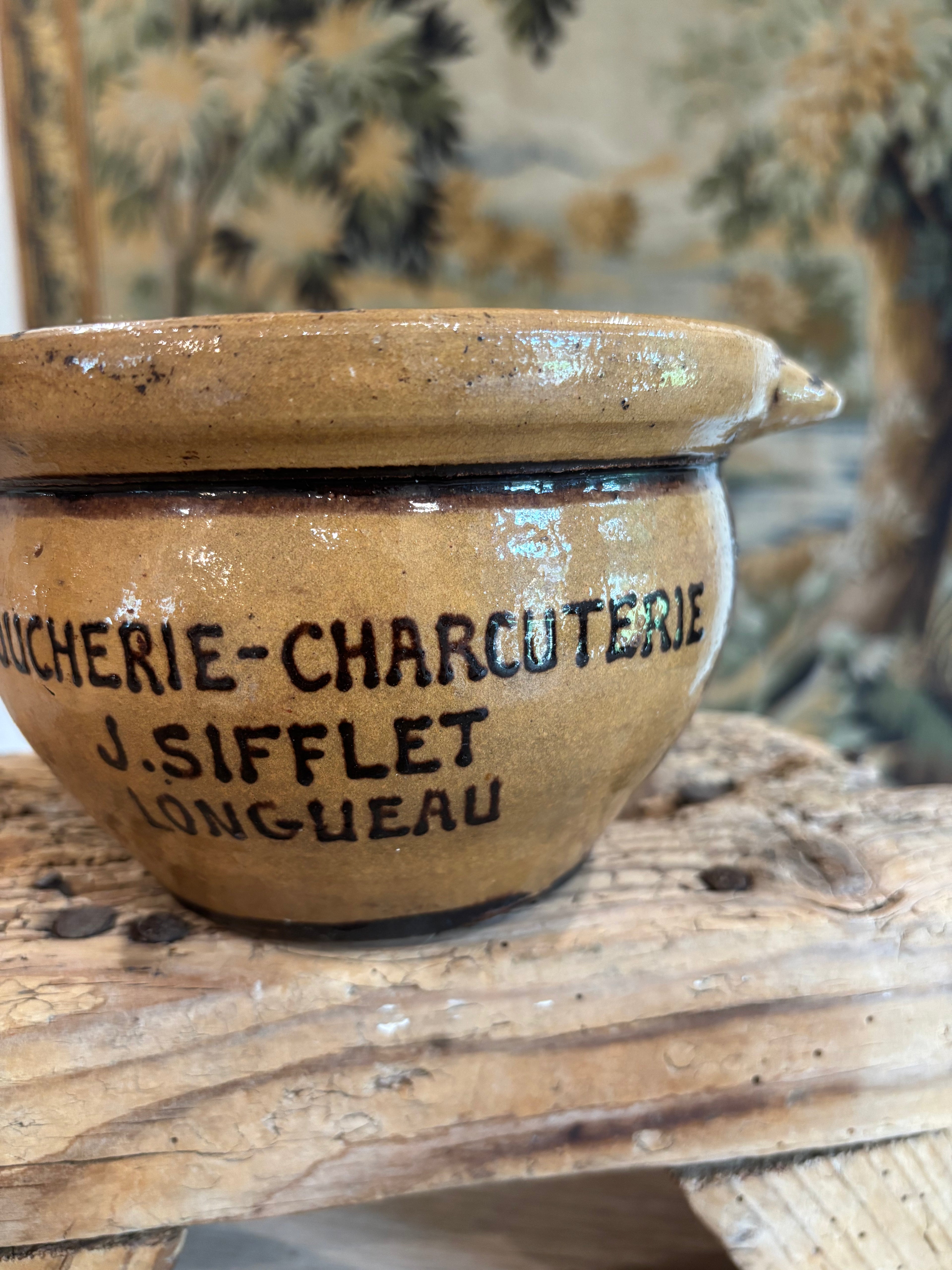 Antique French Advertising Terrine Pot With Lid - Boucherie-Charcuterie