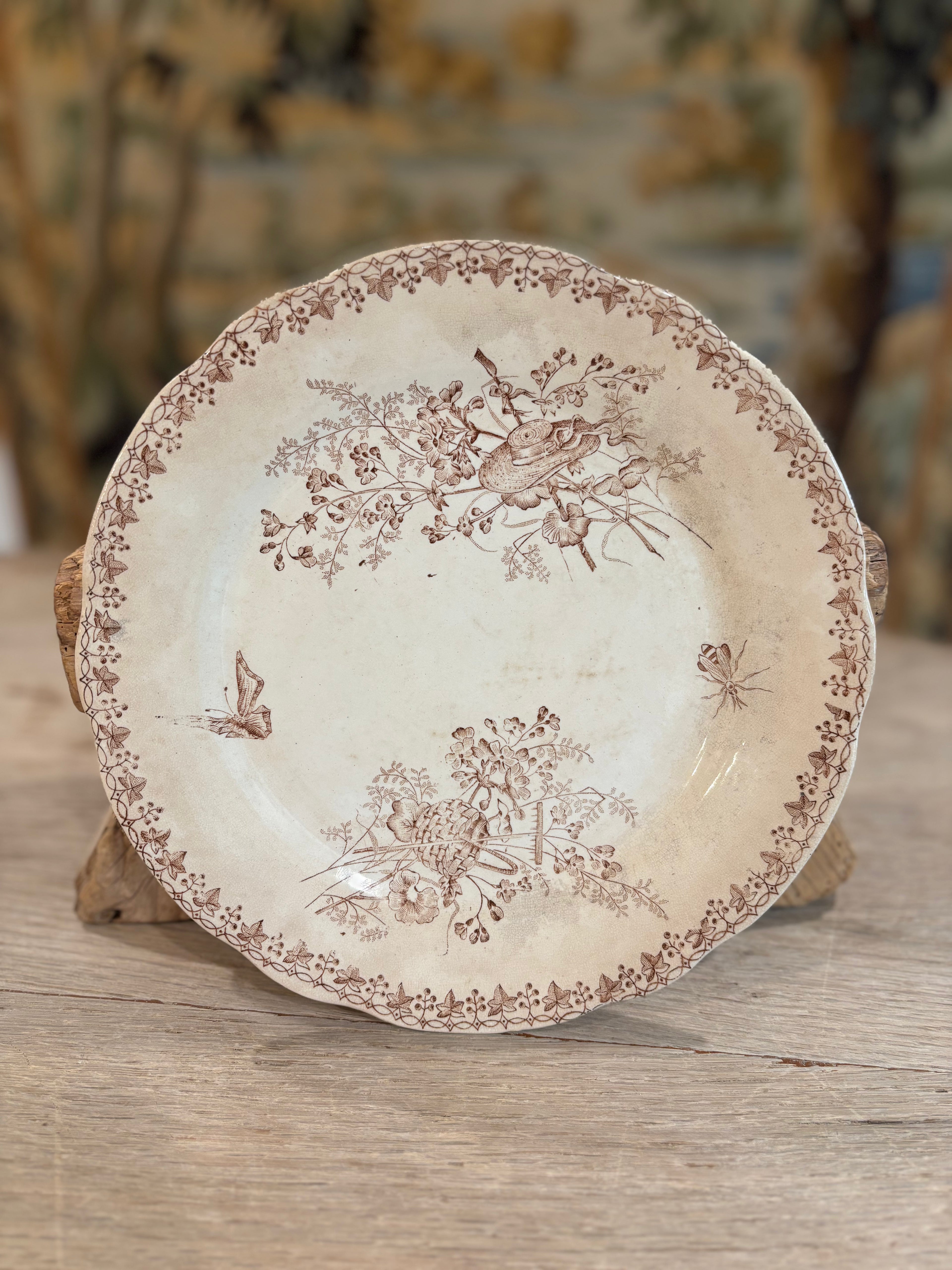 Antique French "Moisson" Brown Transferware Plate by Faïencerie d'Onnaing