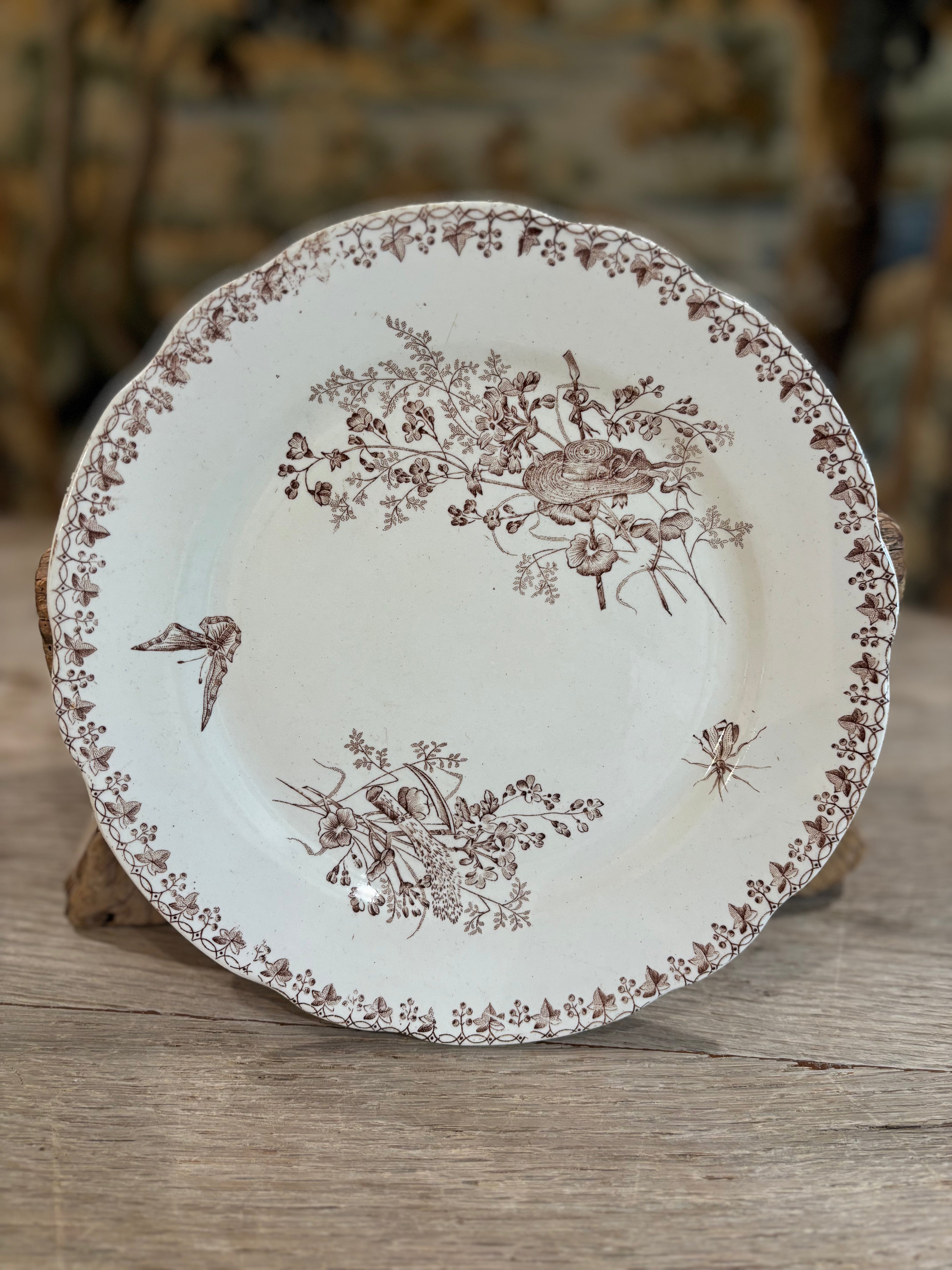 Antique French "Moisson" Brown Transferware Plate by Faïencerie d'Onnaing
