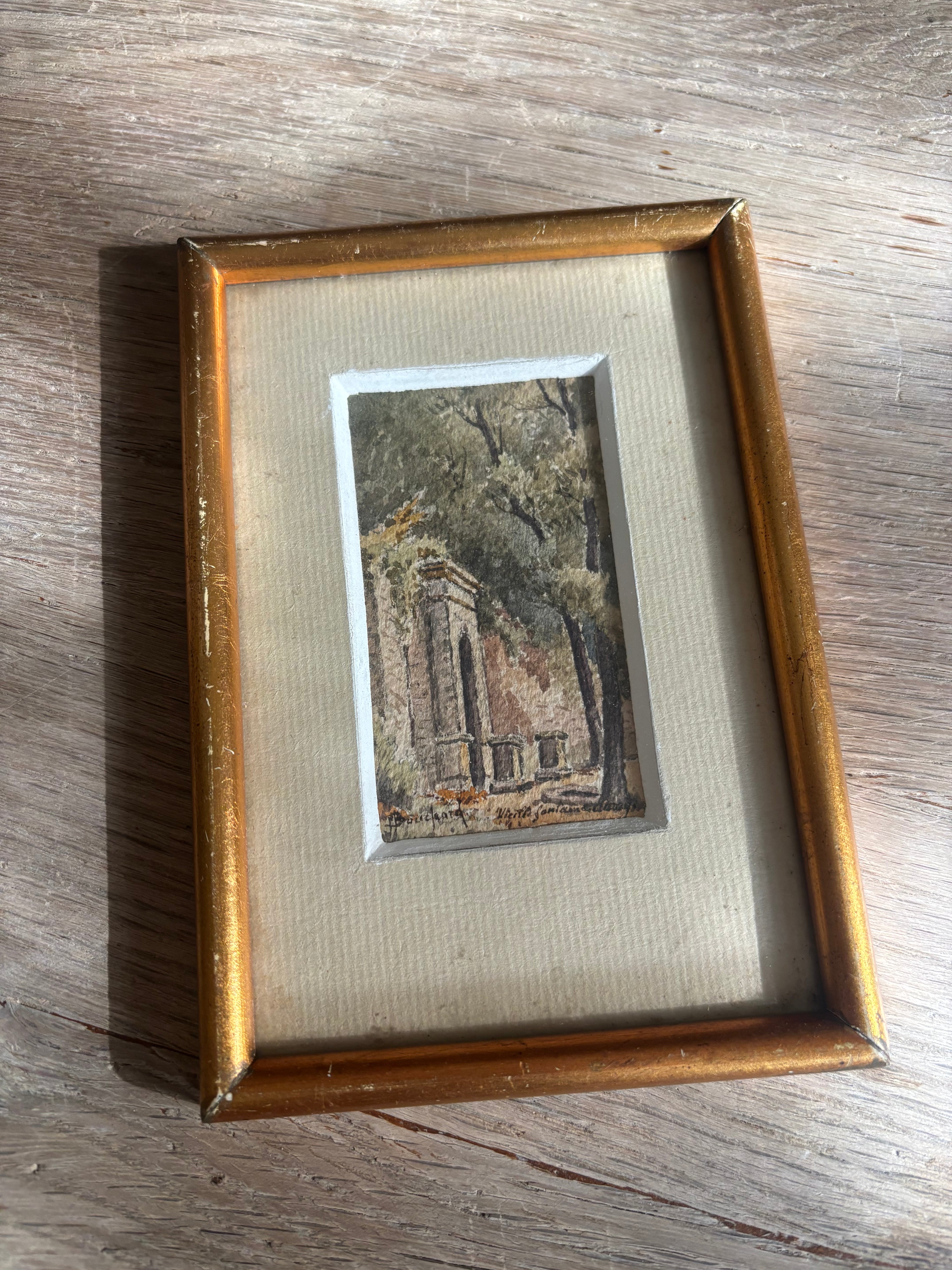 Antique French Miniature Watercolor of Architectural Ruins