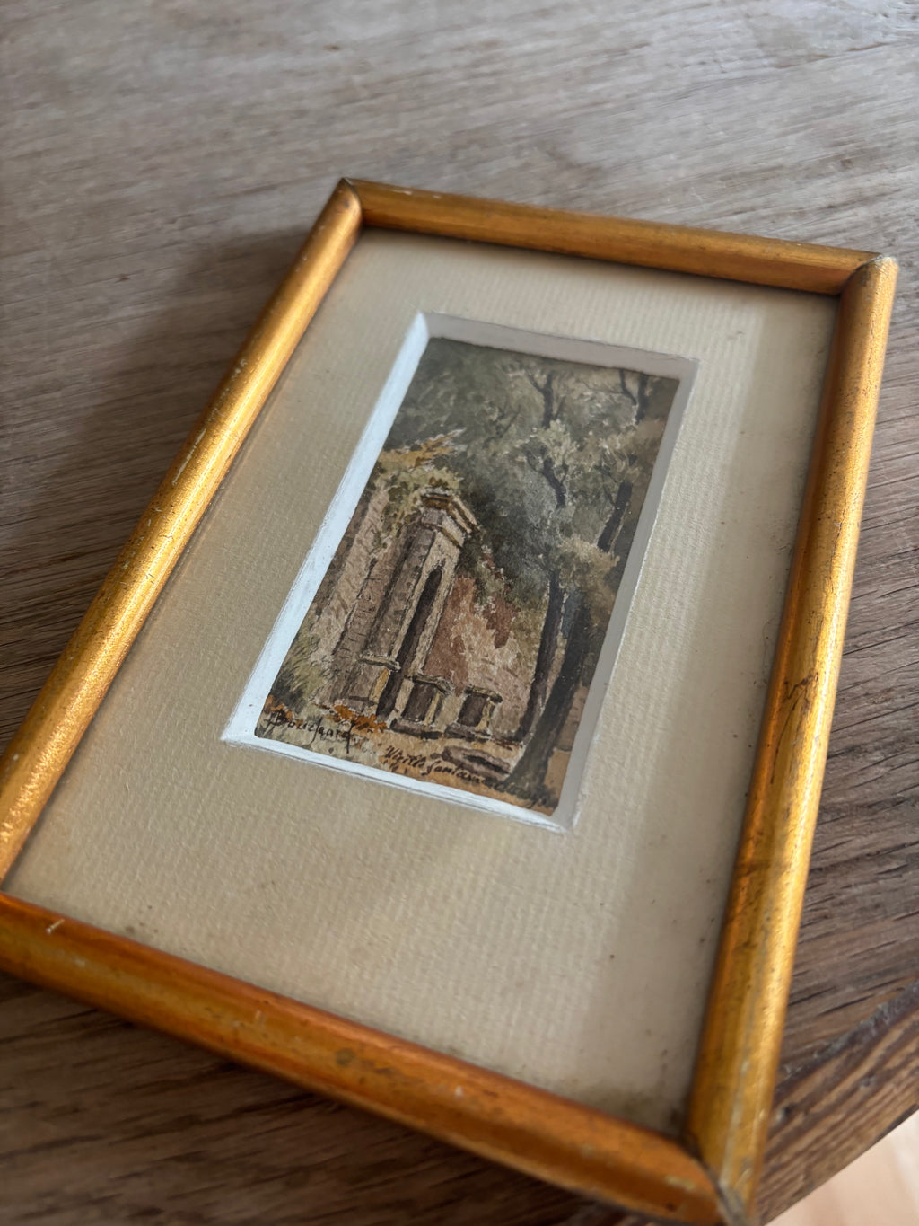 Antique French Miniature Watercolor of Architectural Ruins
