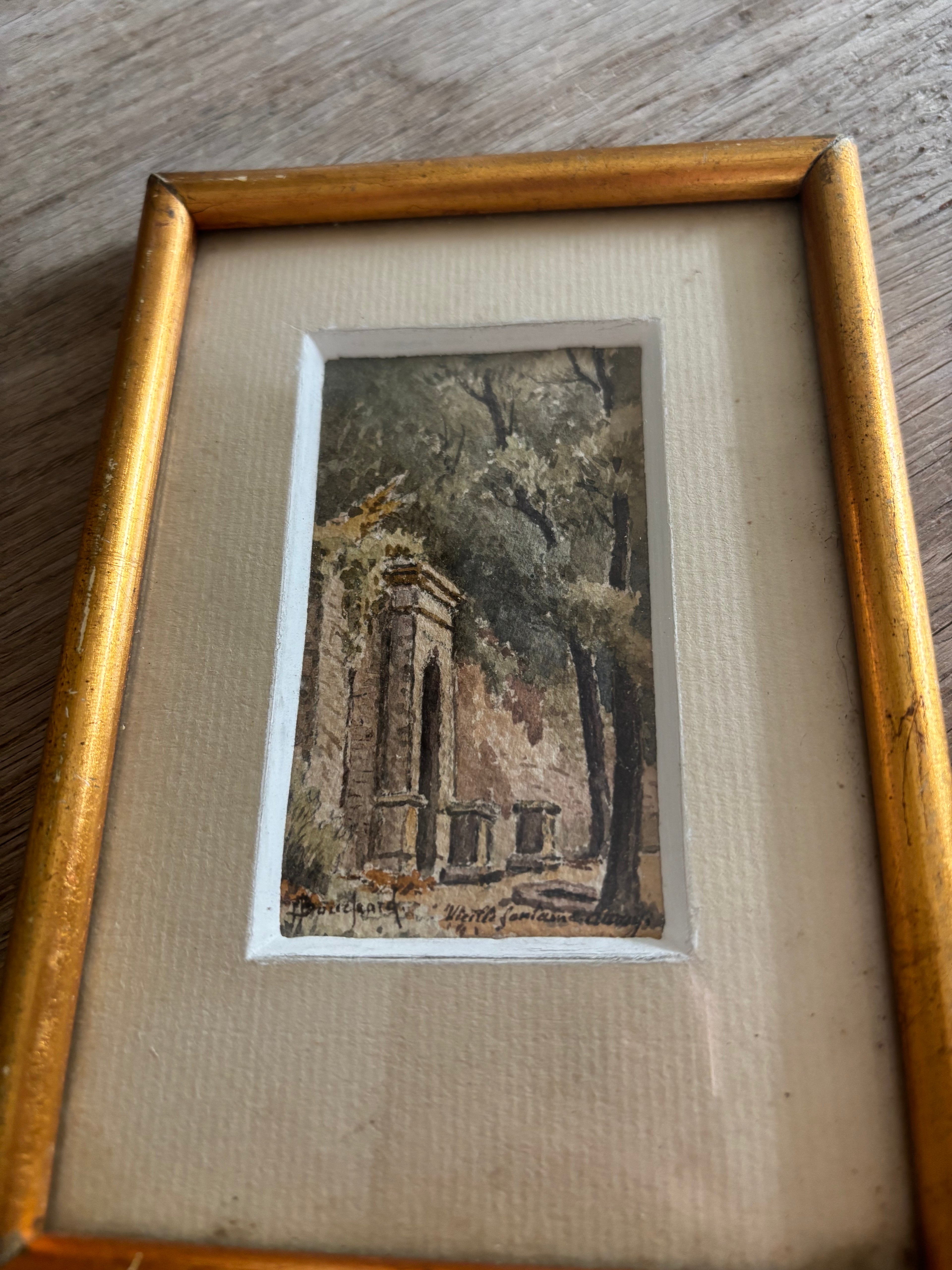 Antique French Miniature Watercolor of Architectural Ruins