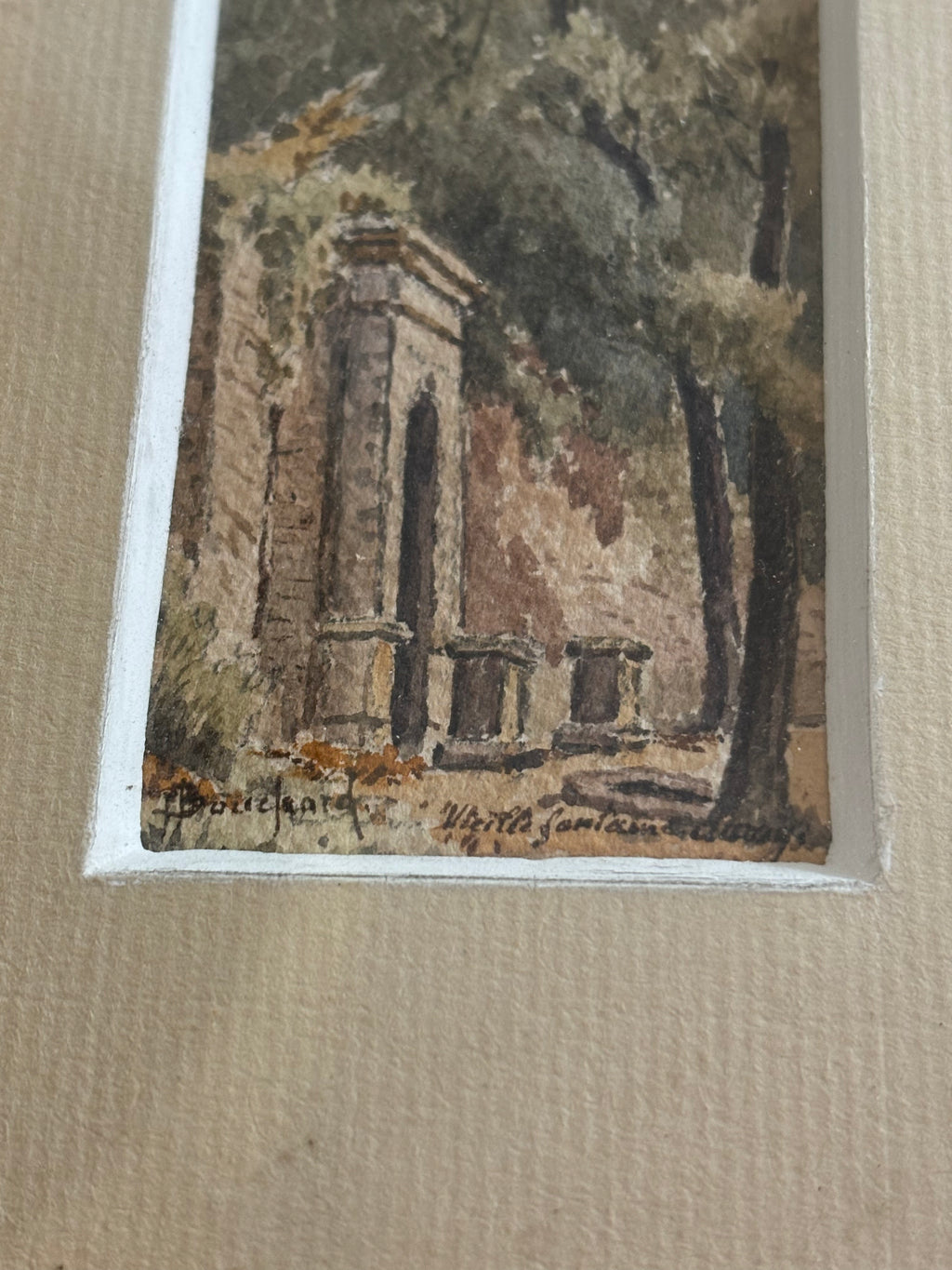 Antique French Miniature Watercolor of Architectural Ruins