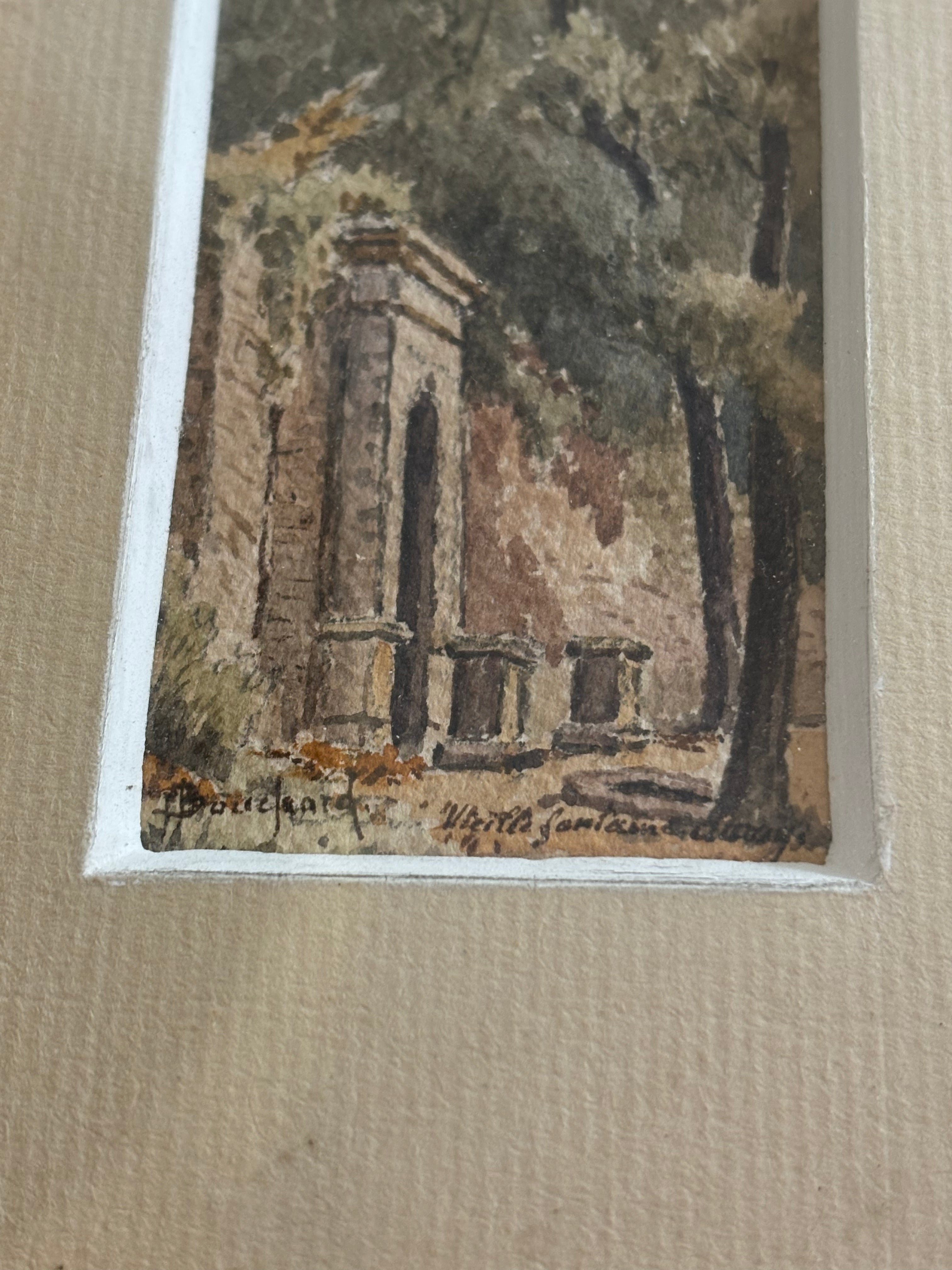 Antique French Miniature Watercolor of Architectural Ruins