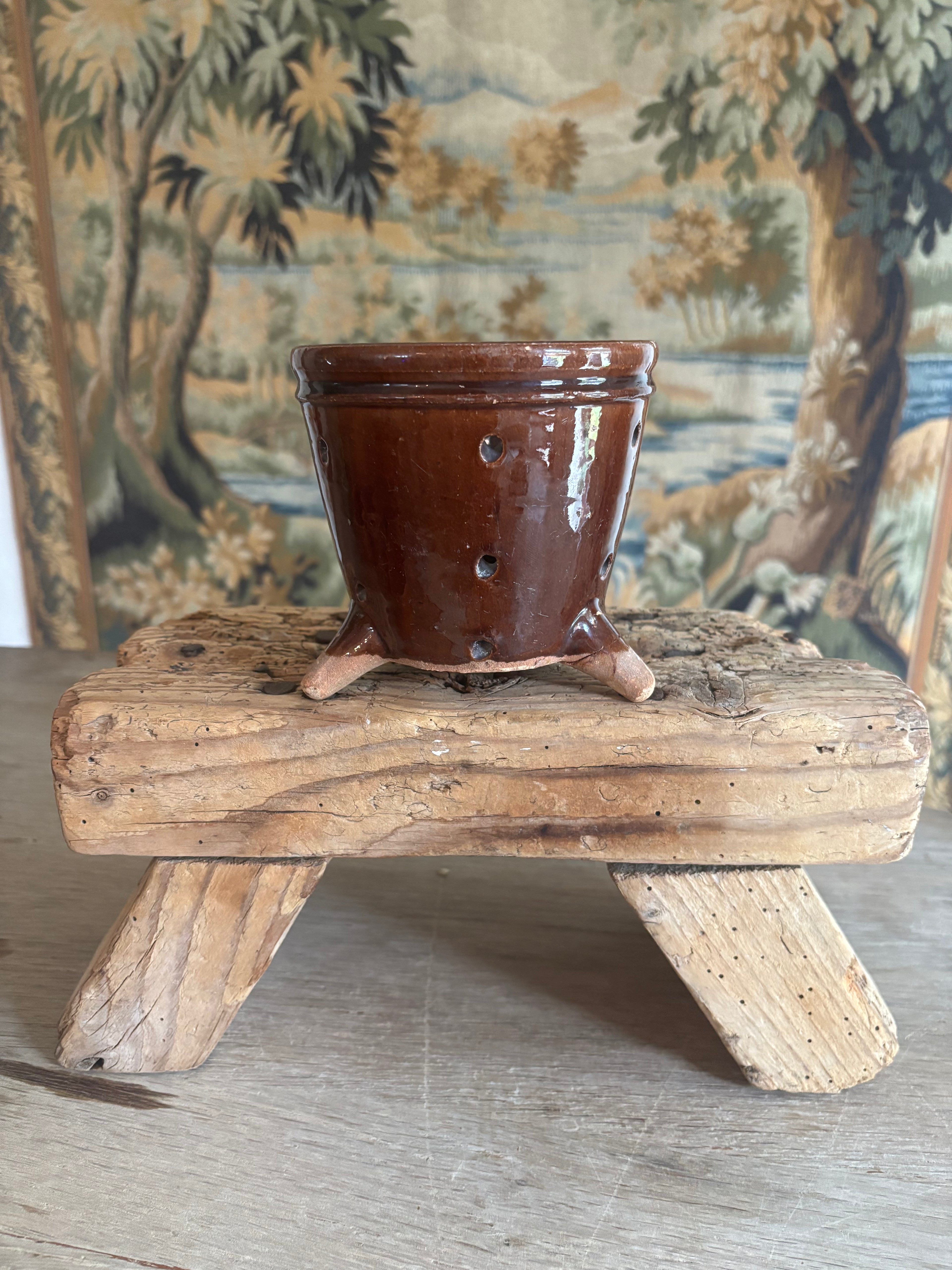 Antique French Chestnut Glazed Tripod Faisselle Cheese Mold