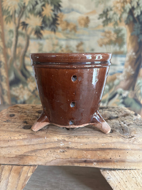Antique French Chestnut Glazed Tripod Faisselle Cheese Mold