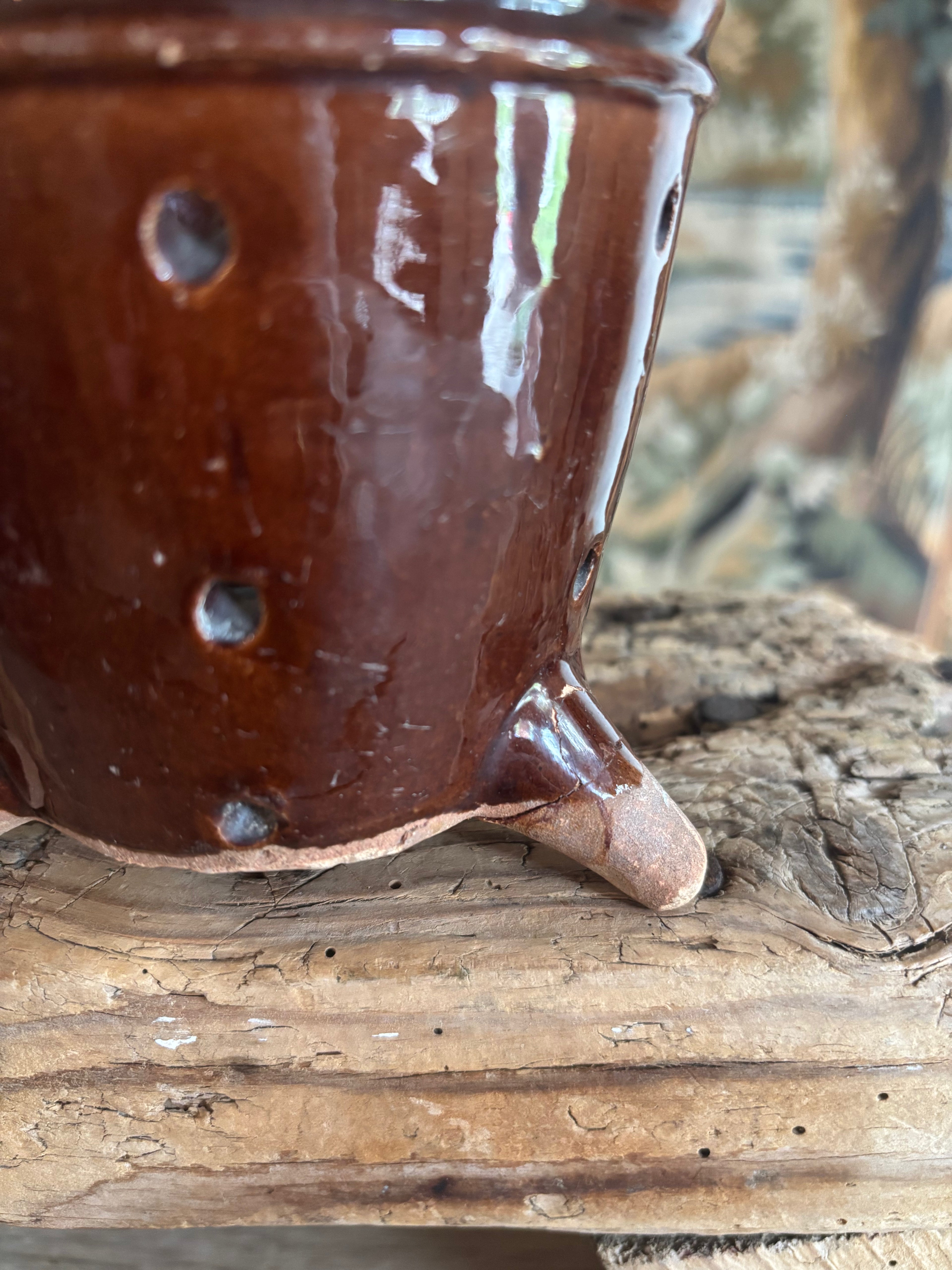 Antique French Chestnut Glazed Tripod Faisselle Cheese Mold