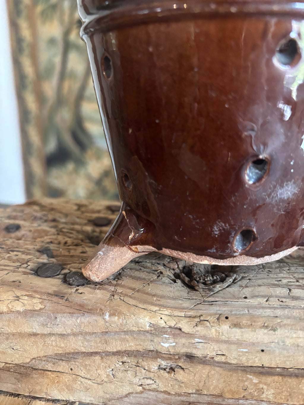 Antique French Chestnut Glazed Tripod Faisselle Cheese Mold