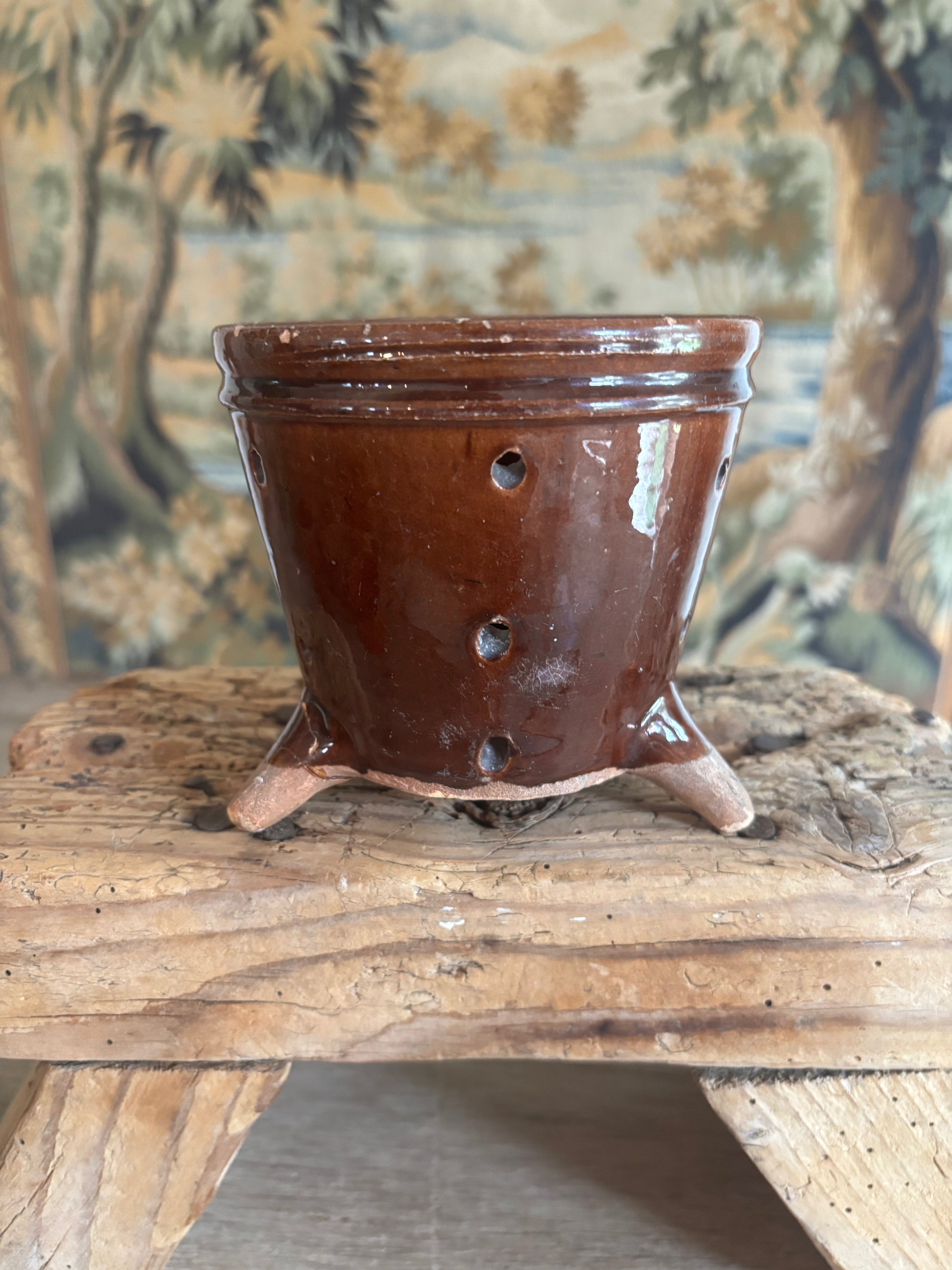 Antique French Chestnut Glazed Tripod Faisselle Cheese Mold