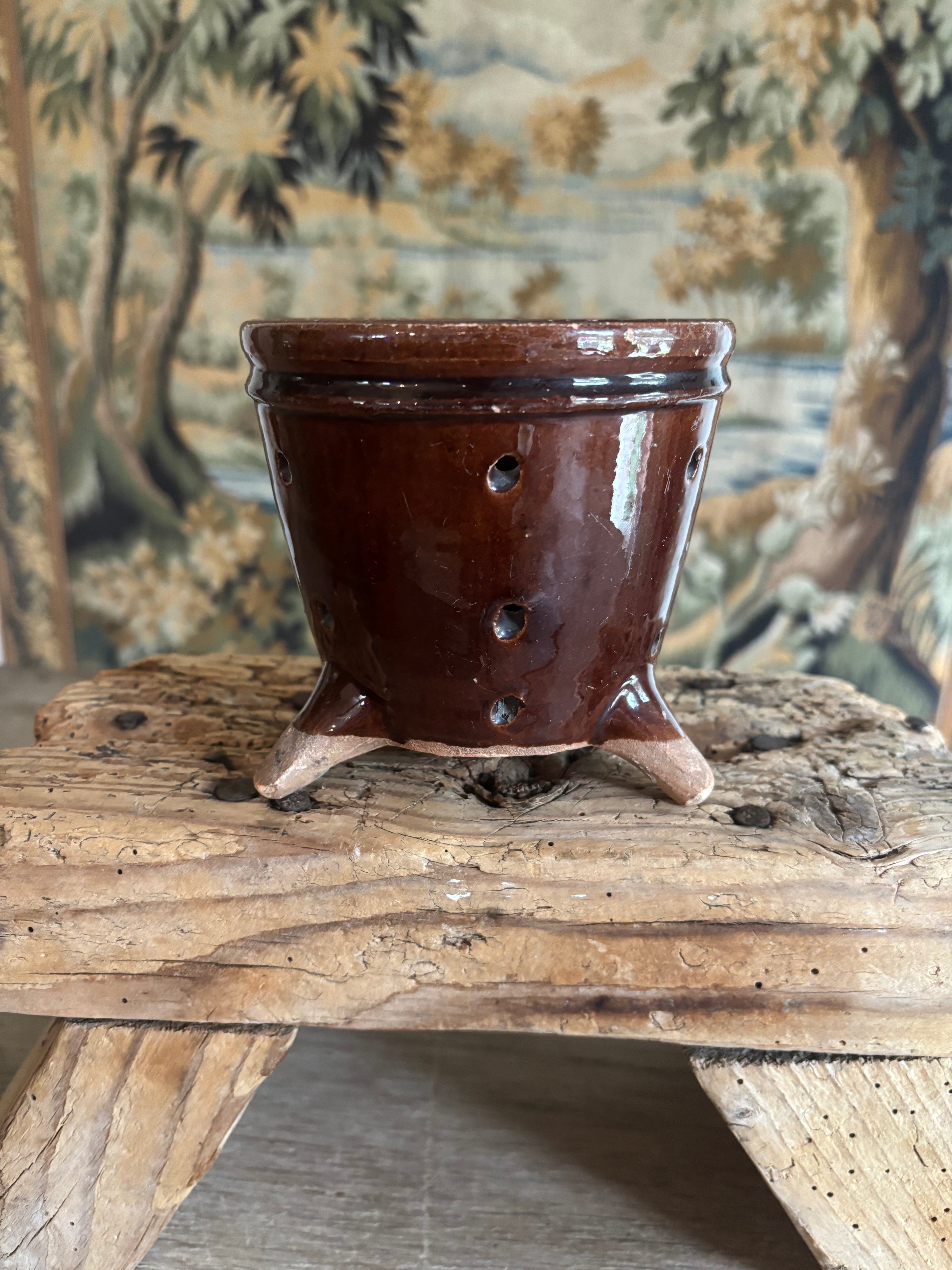 Antique French Chestnut Glazed Tripod Faisselle Cheese Mold