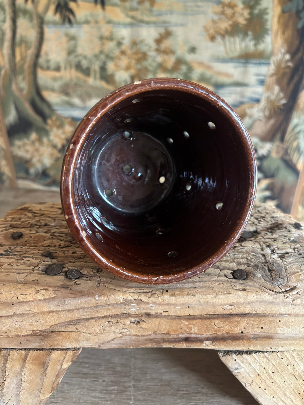 Antique French Chestnut Glazed Tripod Faisselle Cheese Mold