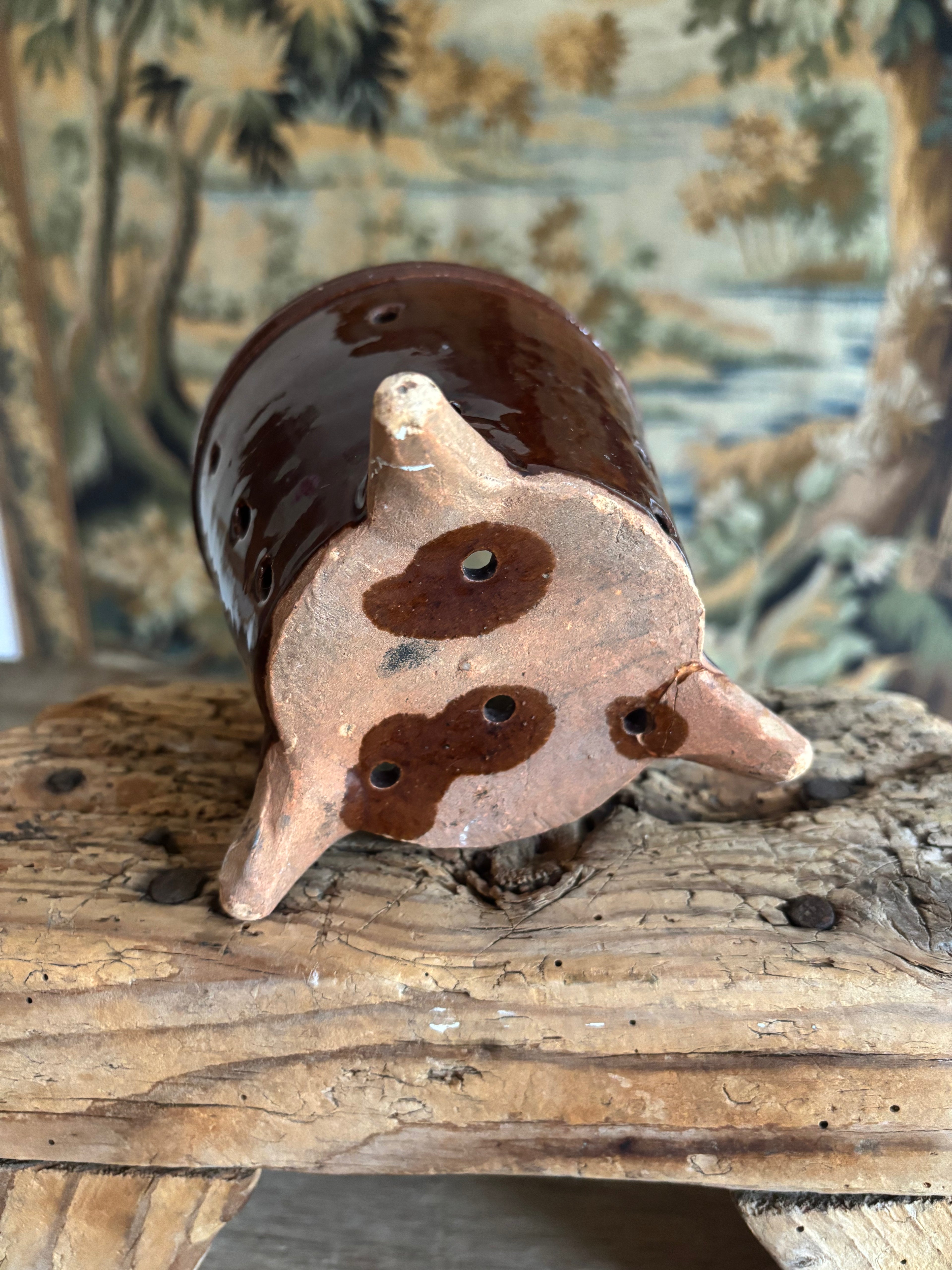 Antique French Chestnut Glazed Tripod Faisselle Cheese Mold