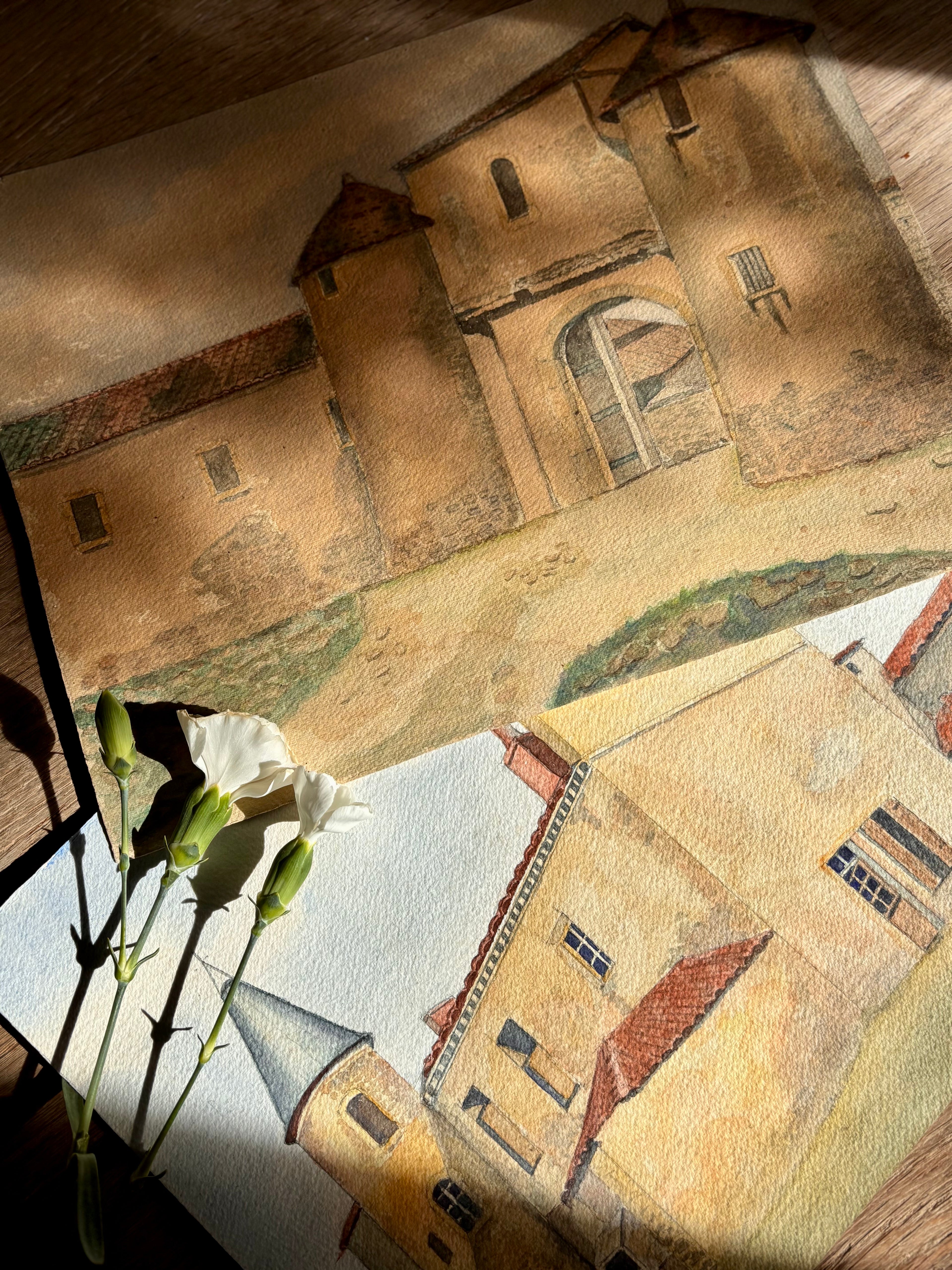 Mid 20th Century French Watercolor Painting | La Pacaudière, Château de Villozon