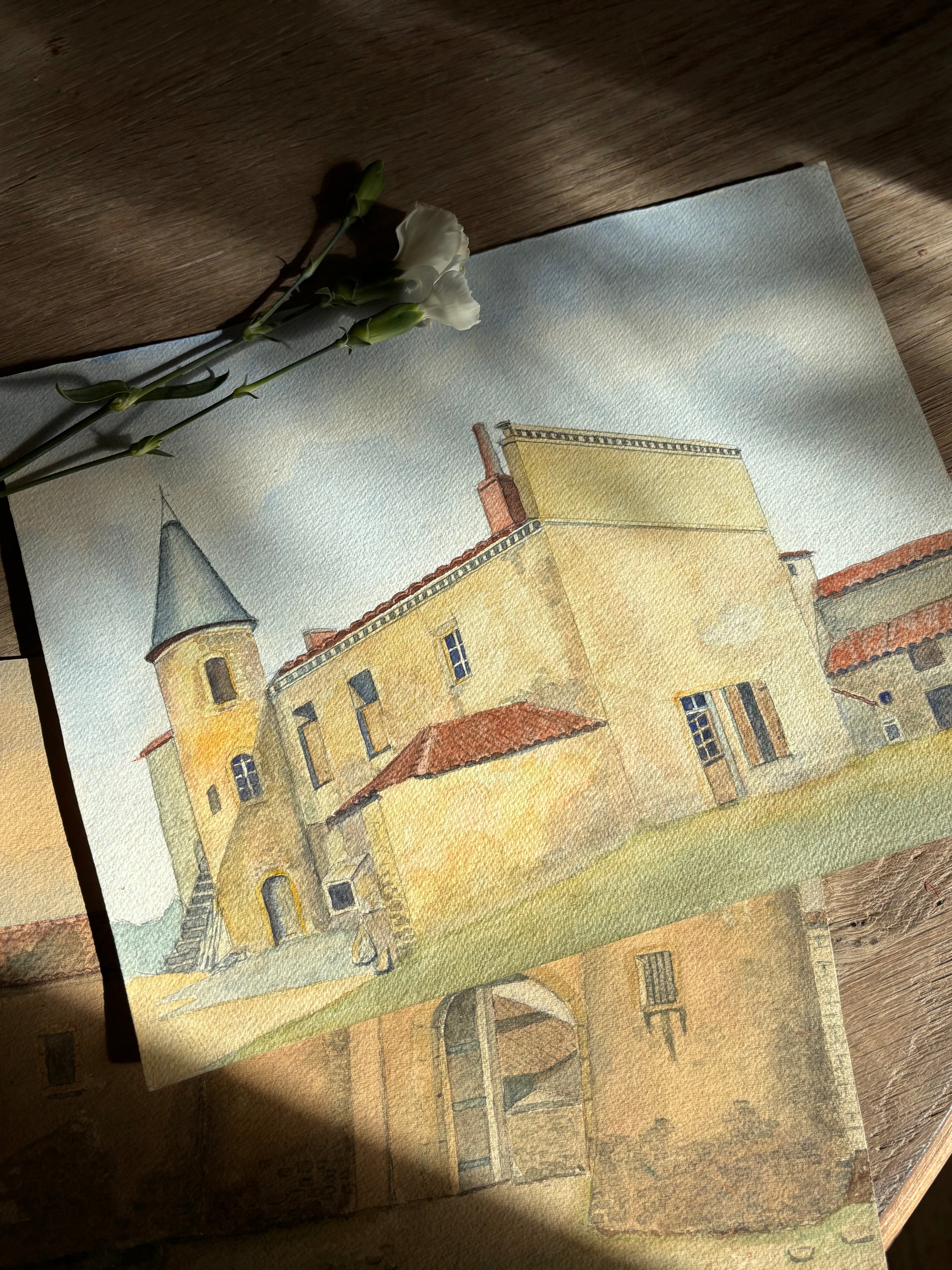 Mid 20th Century French Watercolor Painting | La Pacaudière, Château de Villozon