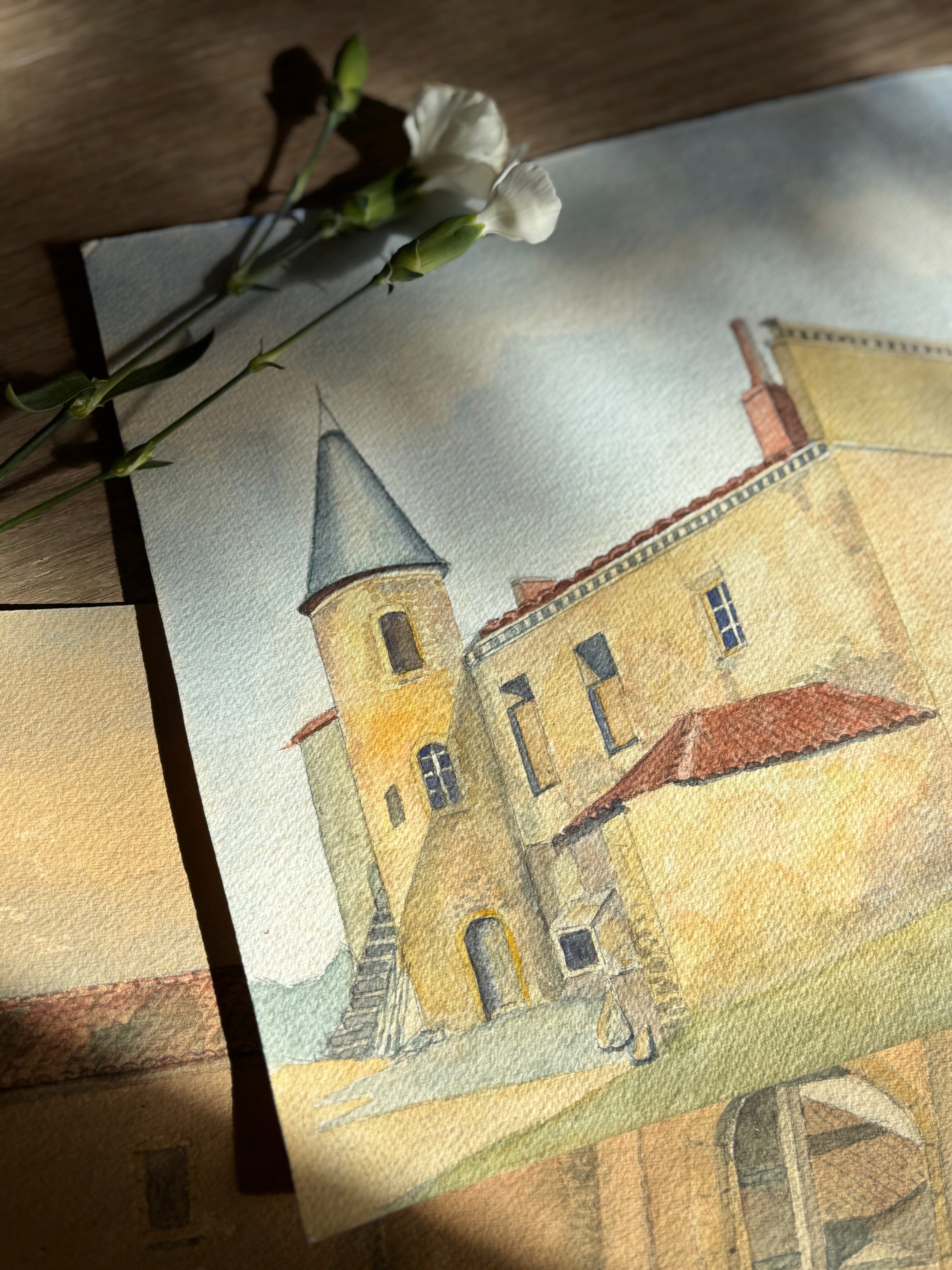 Mid 20th Century French Watercolor Painting | La Pacaudière, Château de Villozon