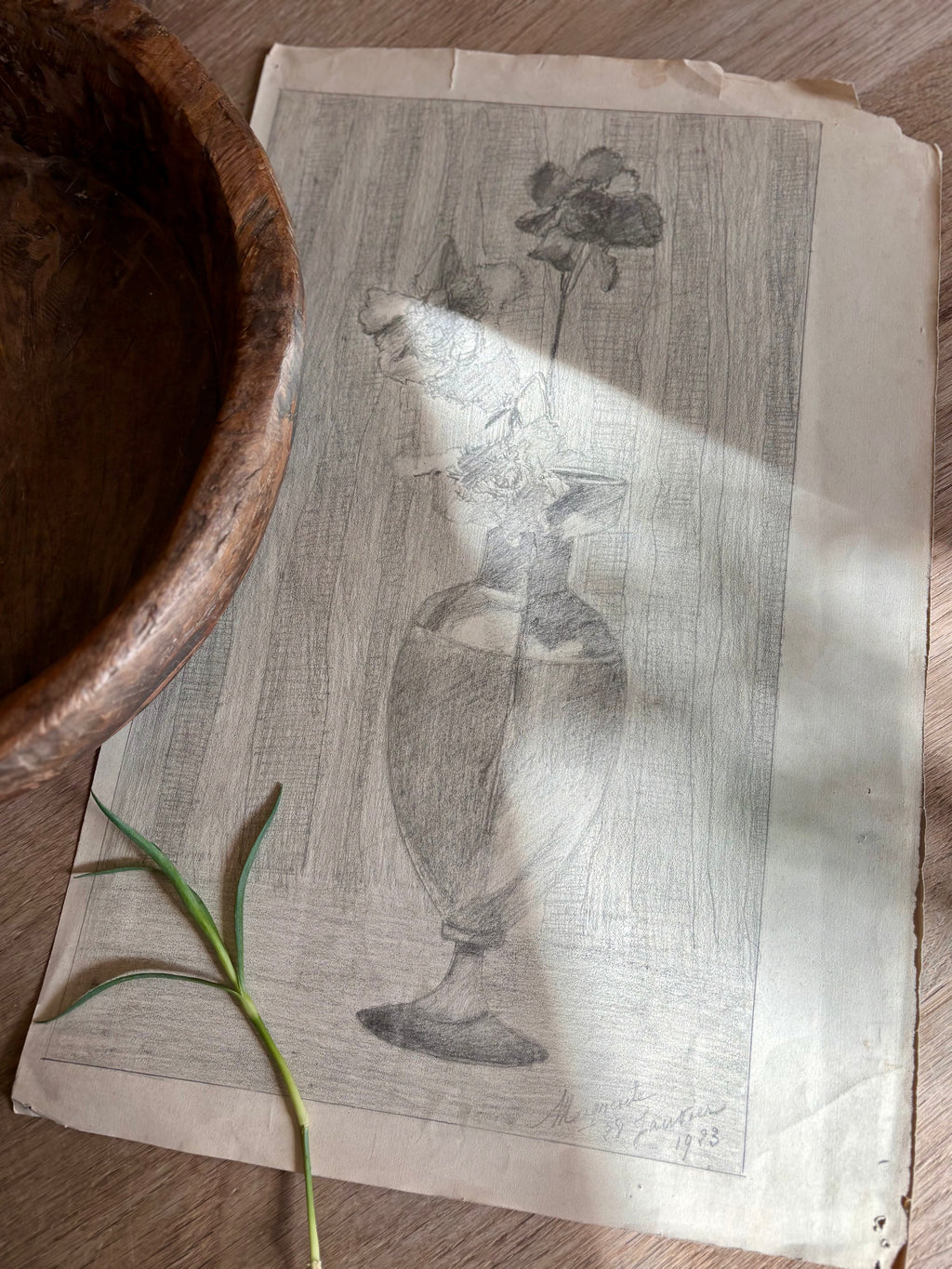 Antique French Charcoal Roses in a Vase Still Life Drawing, Signed