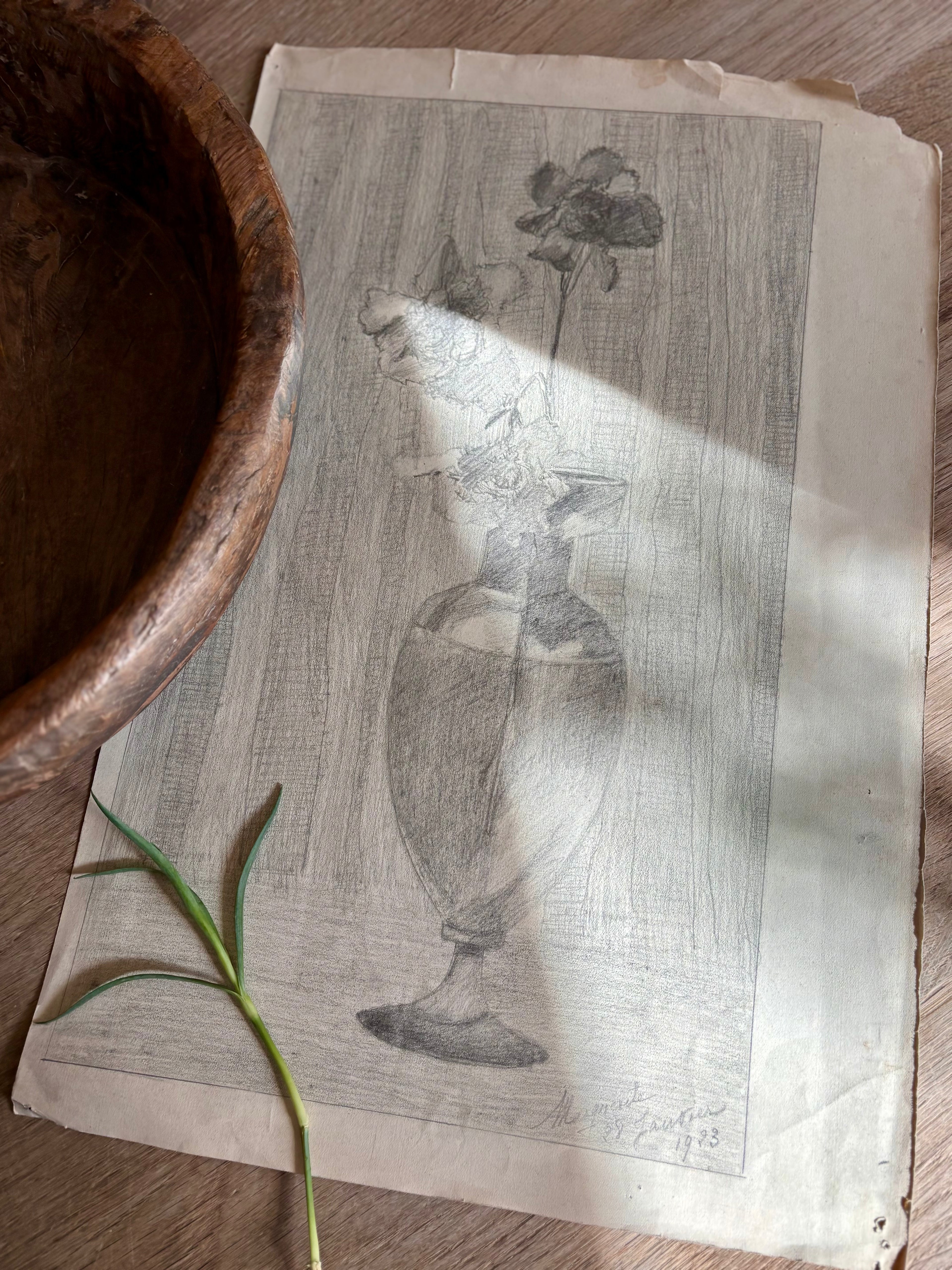 Antique French Charcoal Roses in a Vase Still Life Drawing, Signed