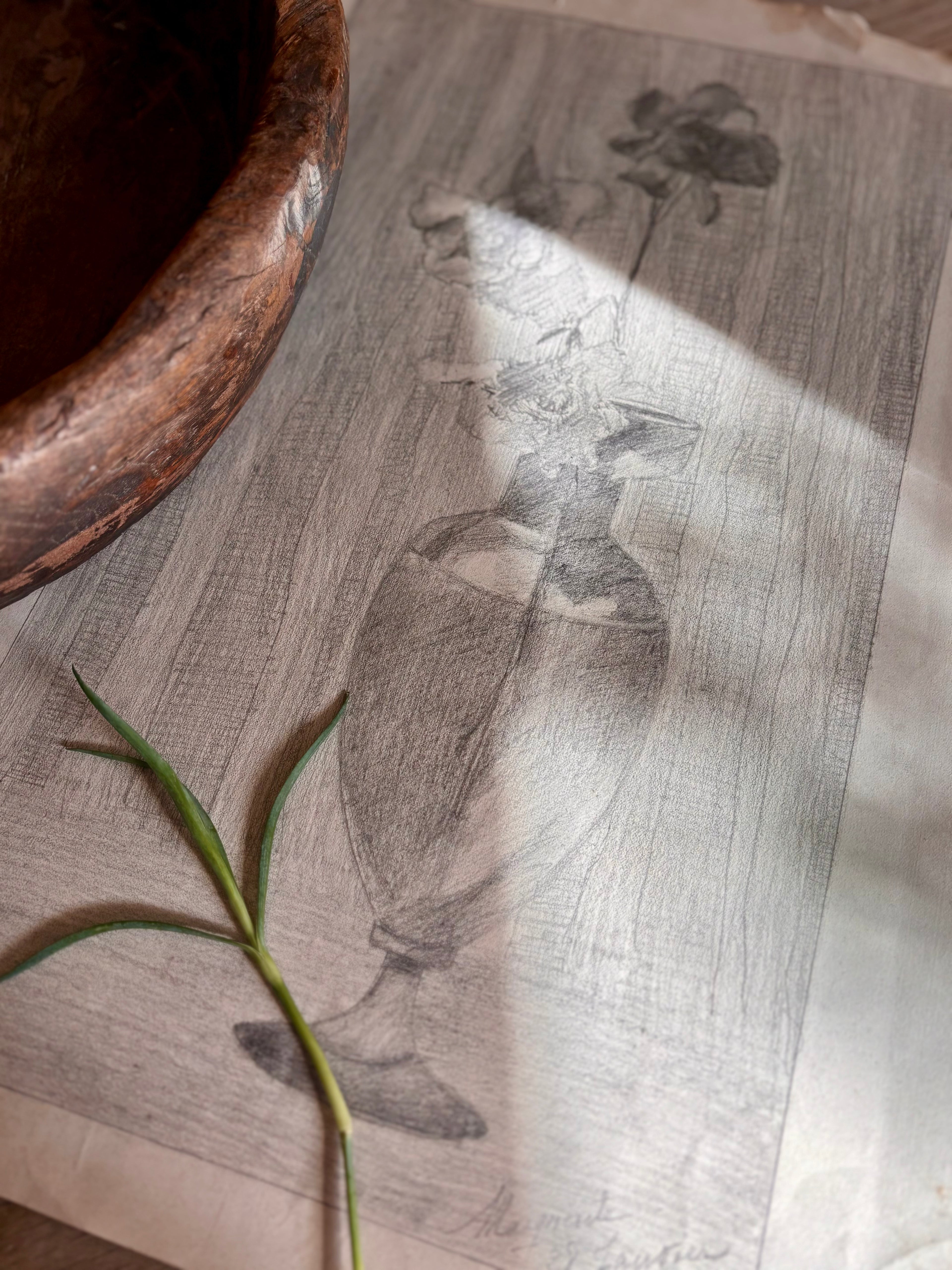 Antique French Charcoal Roses in a Vase Still Life Drawing, Signed