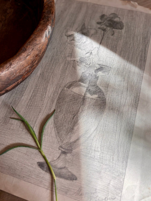 Antique French Charcoal Roses in a Vase Still Life Drawing, Signed