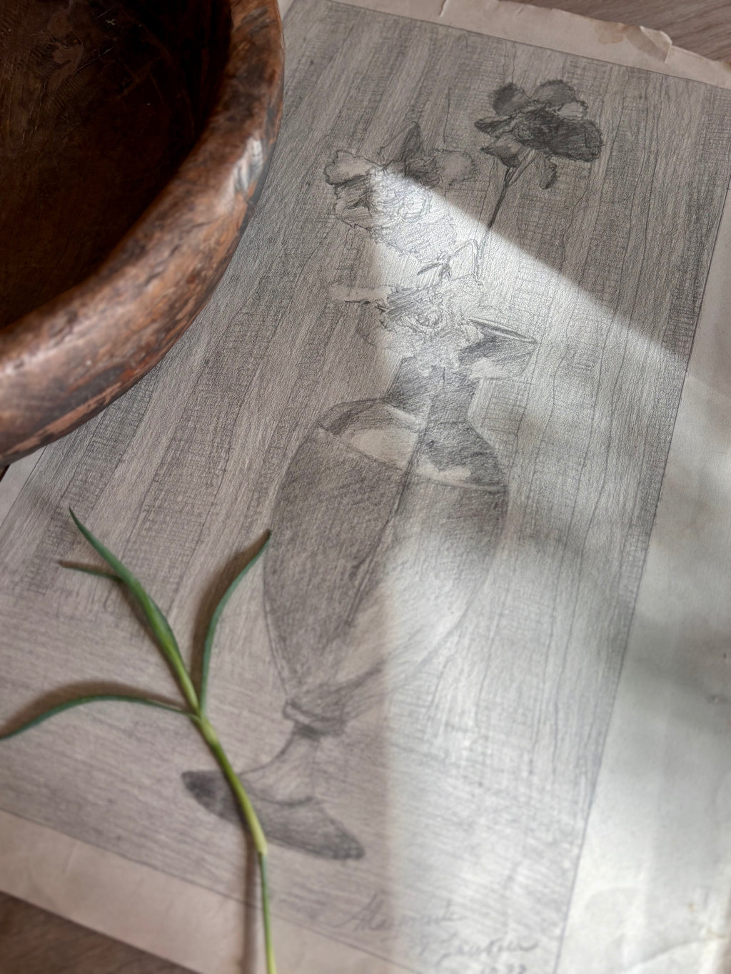 Antique French Charcoal Roses in a Vase Still Life Drawing, Signed