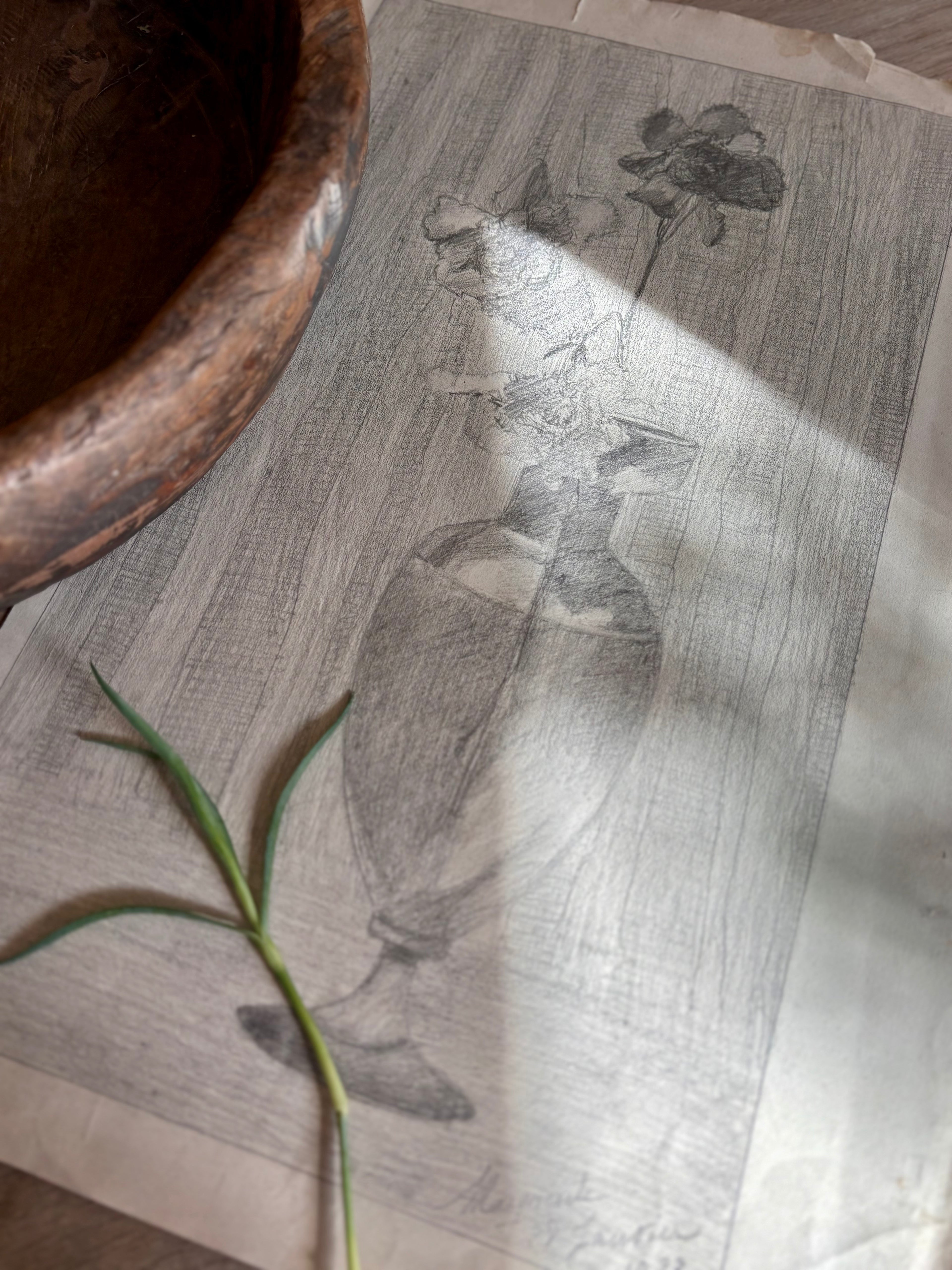 Antique French Charcoal Roses in a Vase Still Life Drawing, Signed