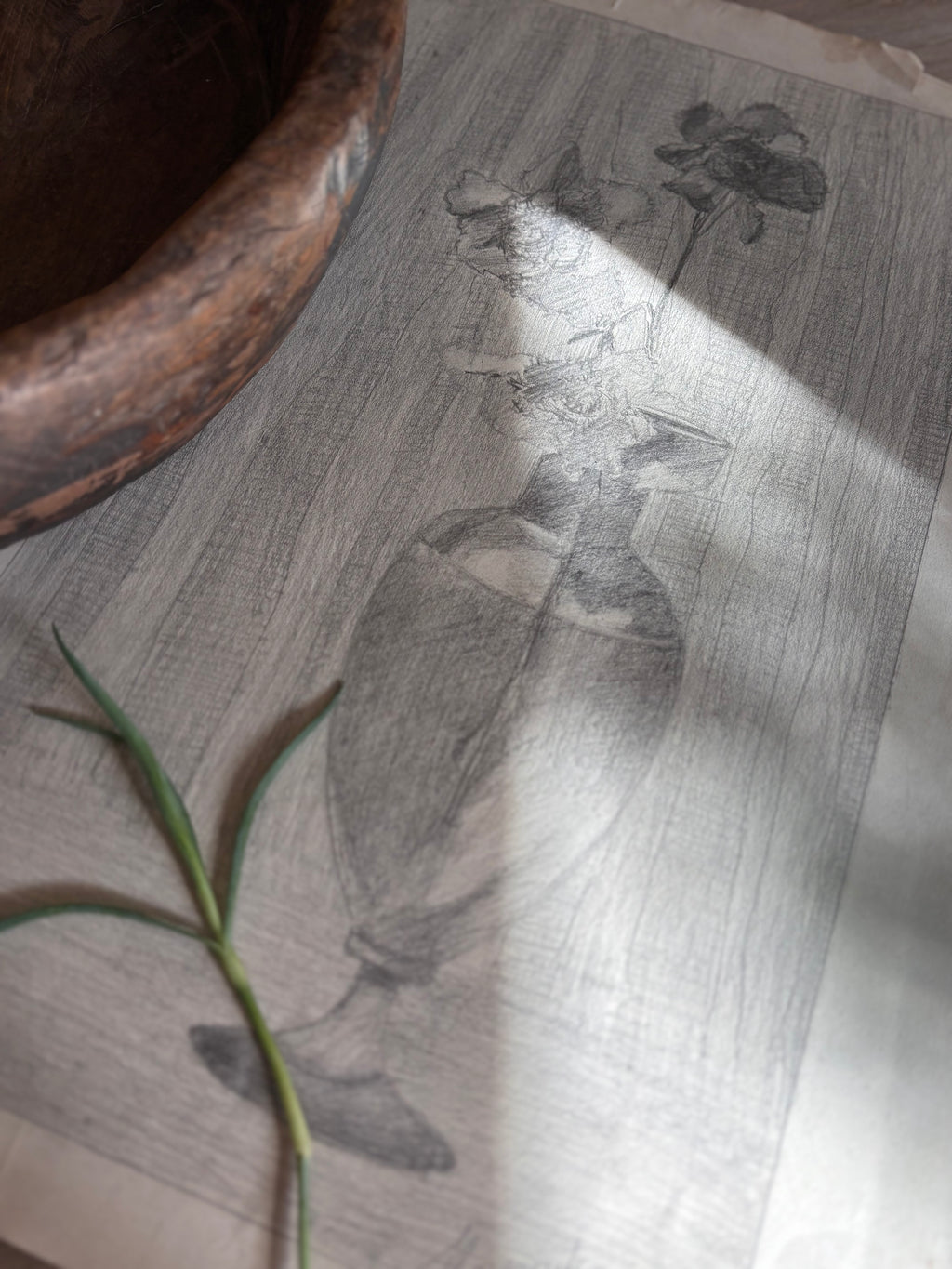 Antique French Charcoal Roses in a Vase Still Life Drawing, Signed