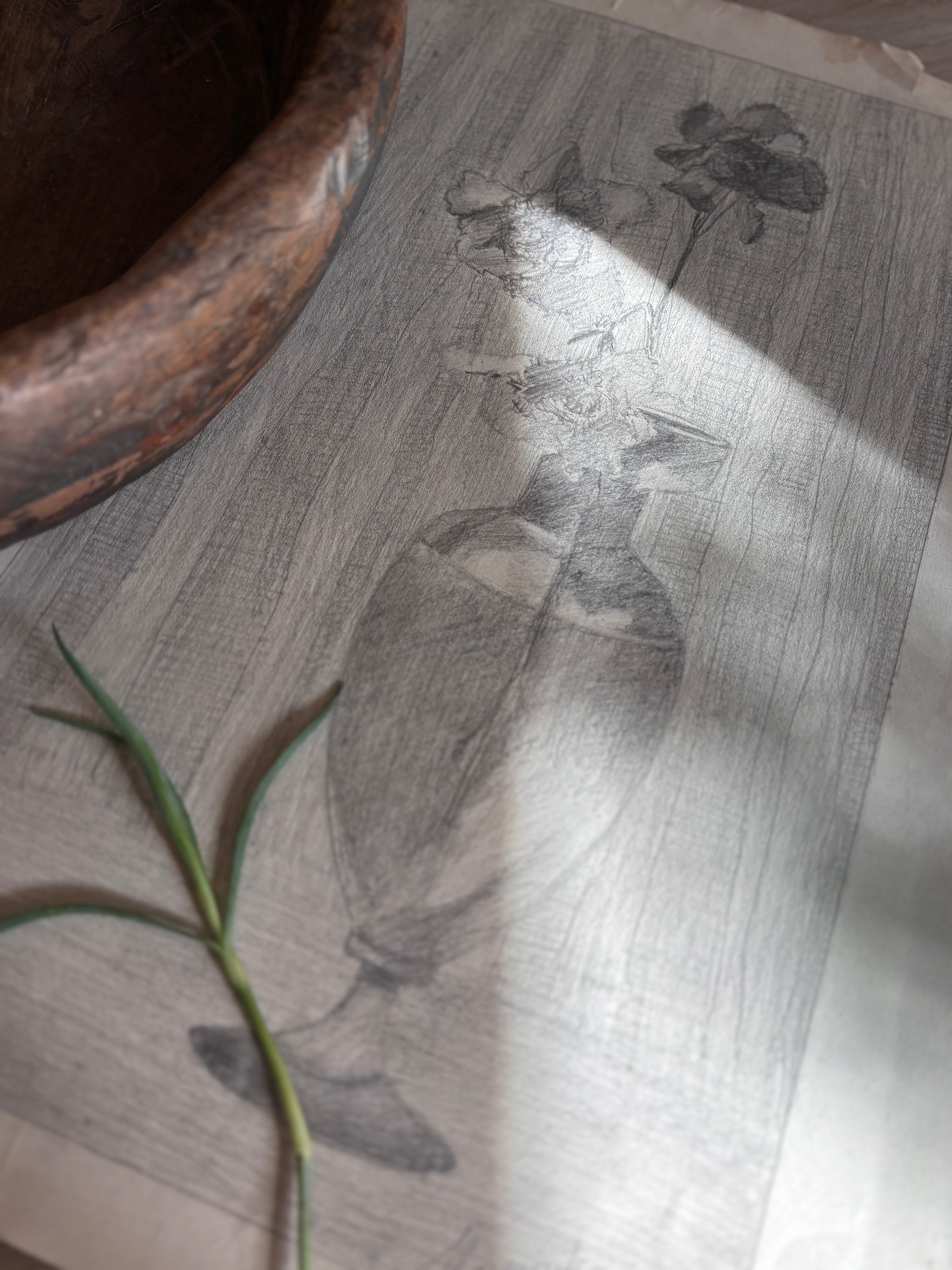 Antique French Charcoal Roses in a Vase Still Life Drawing, Signed