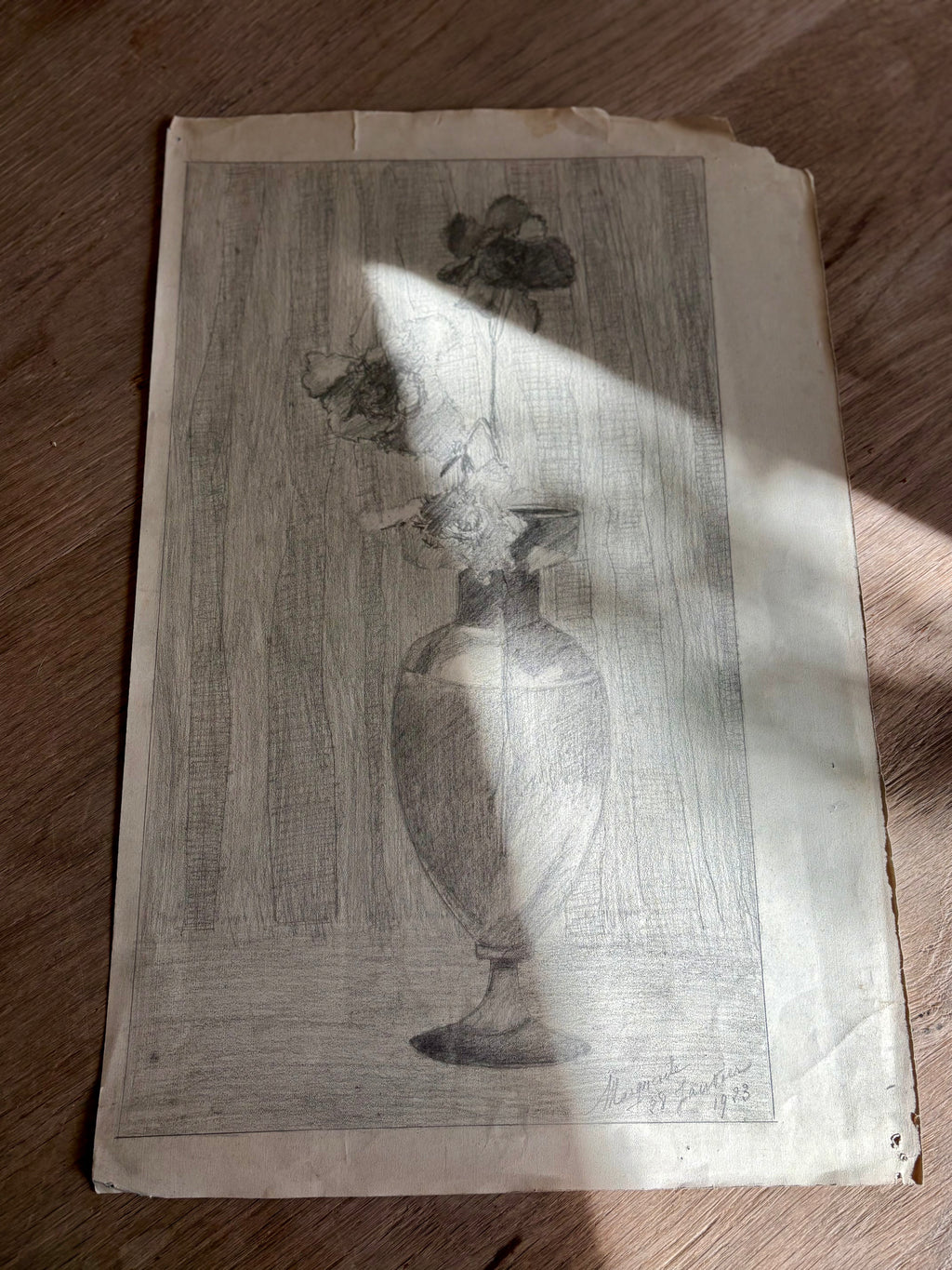Antique French Charcoal Roses in a Vase Still Life Drawing, Signed
