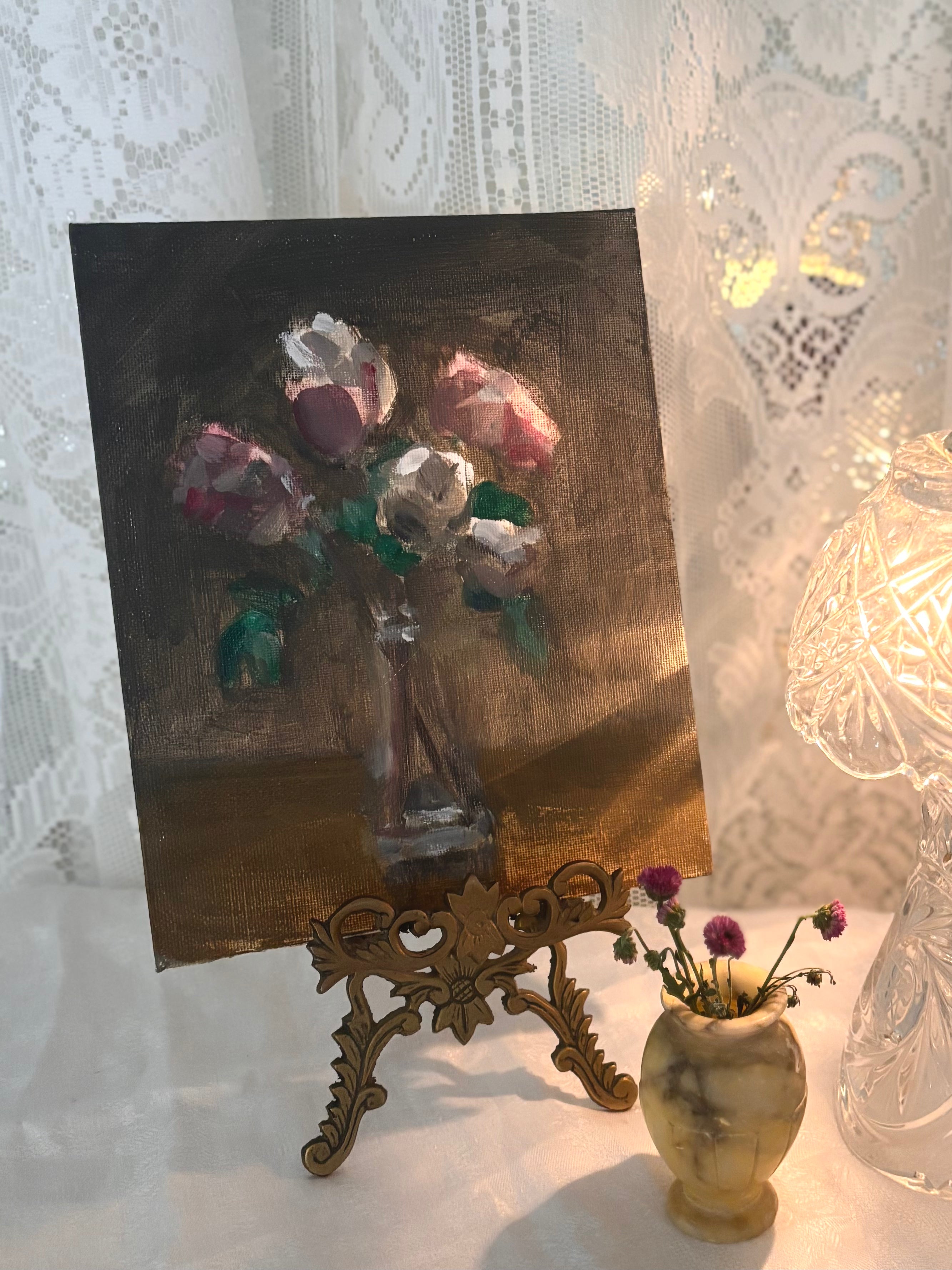 Vintage Roses on Table Still Life Painting