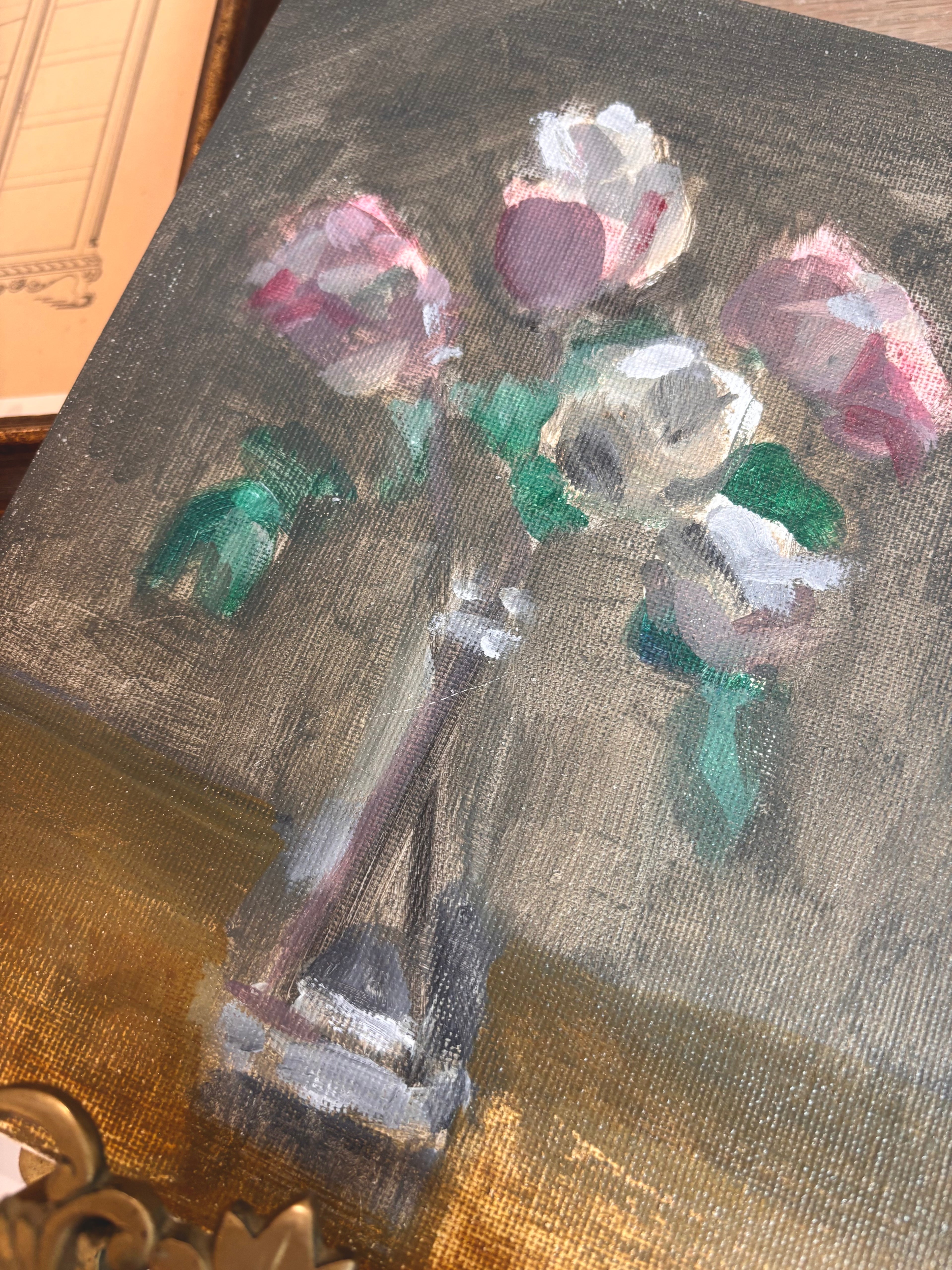Vintage Roses on Table Still Life Painting