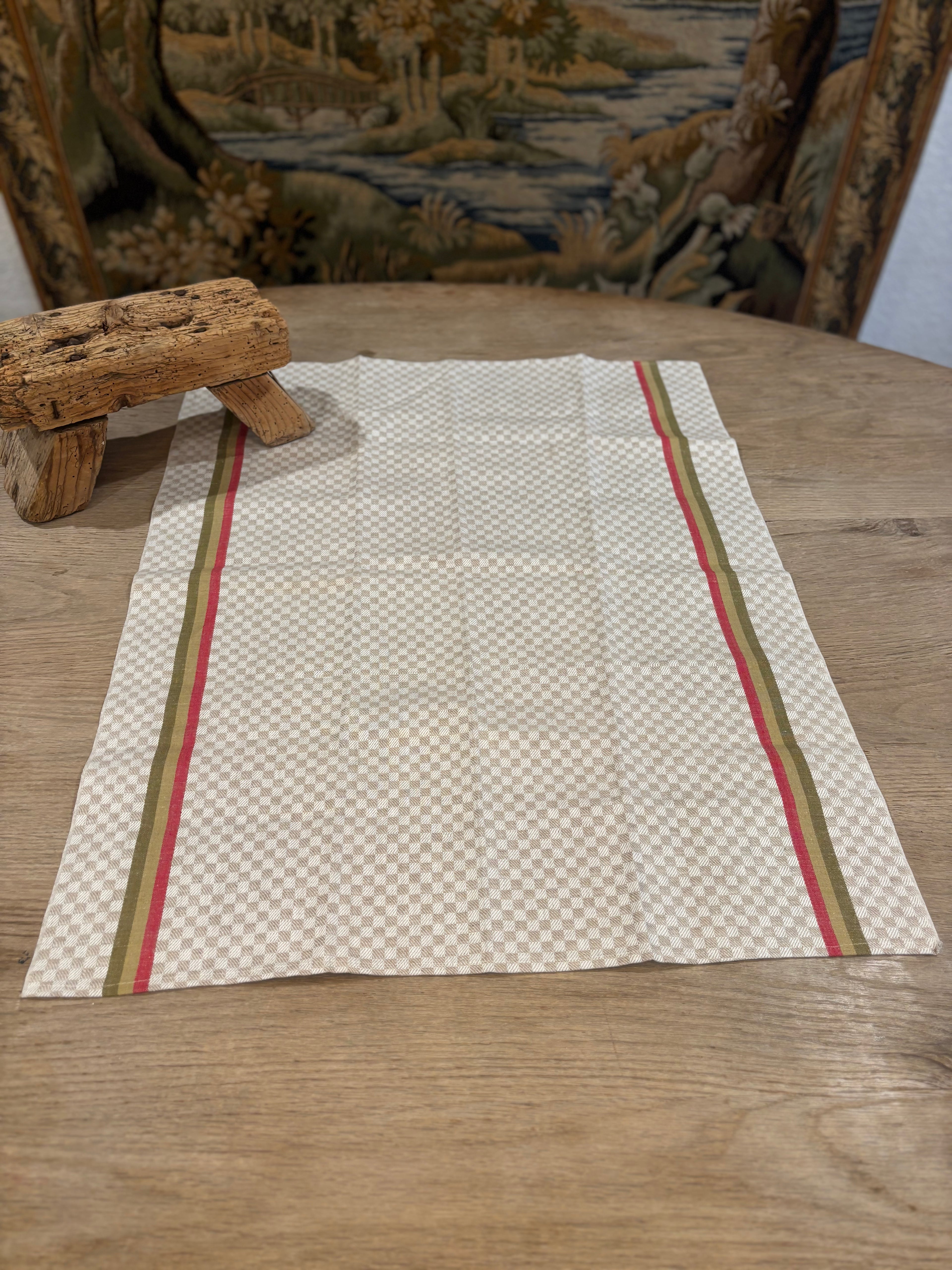 French Jacquard Torchon — Red & Olive Stripe