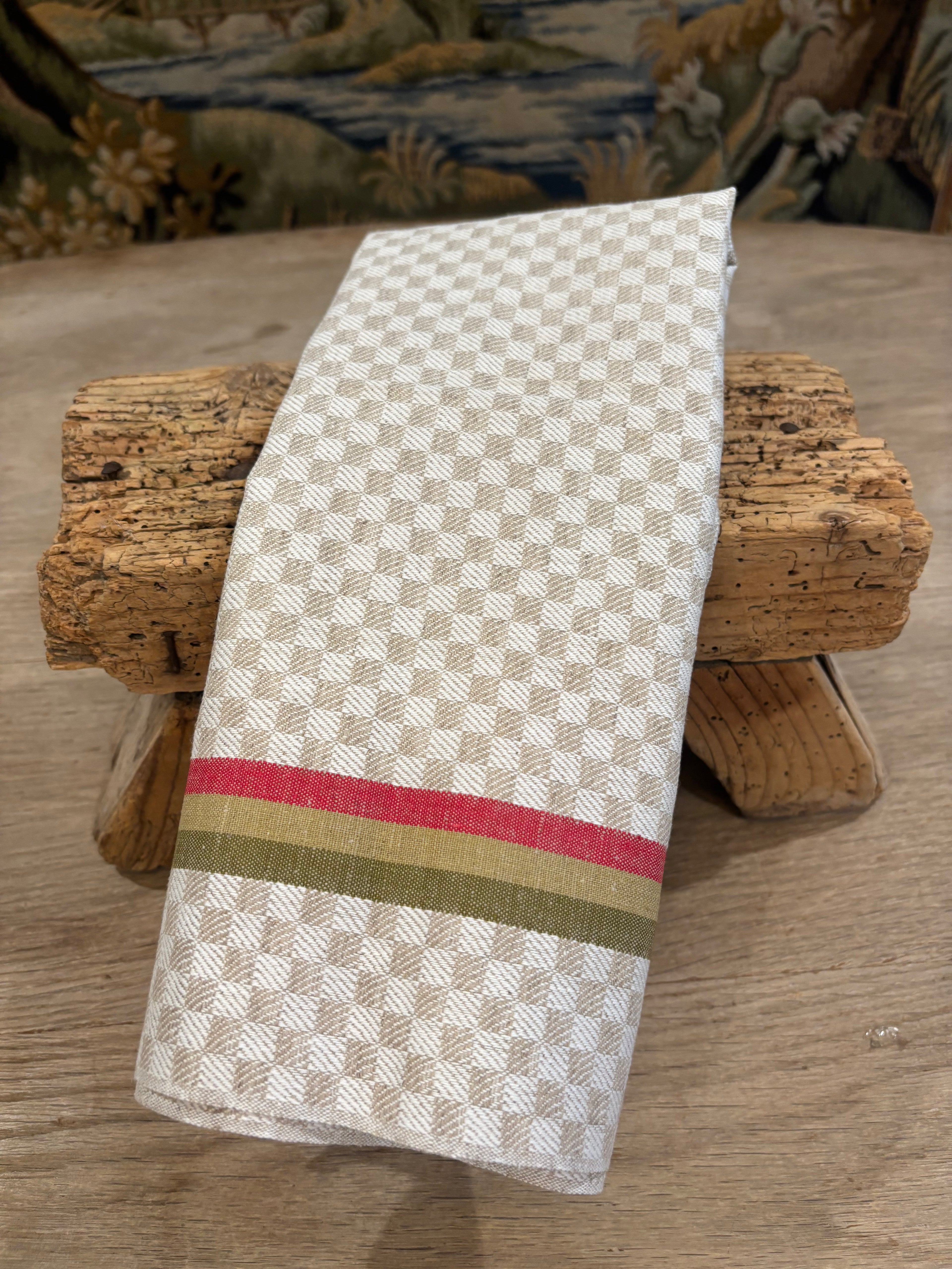 French Jacquard Torchon — Red & Olive Stripe