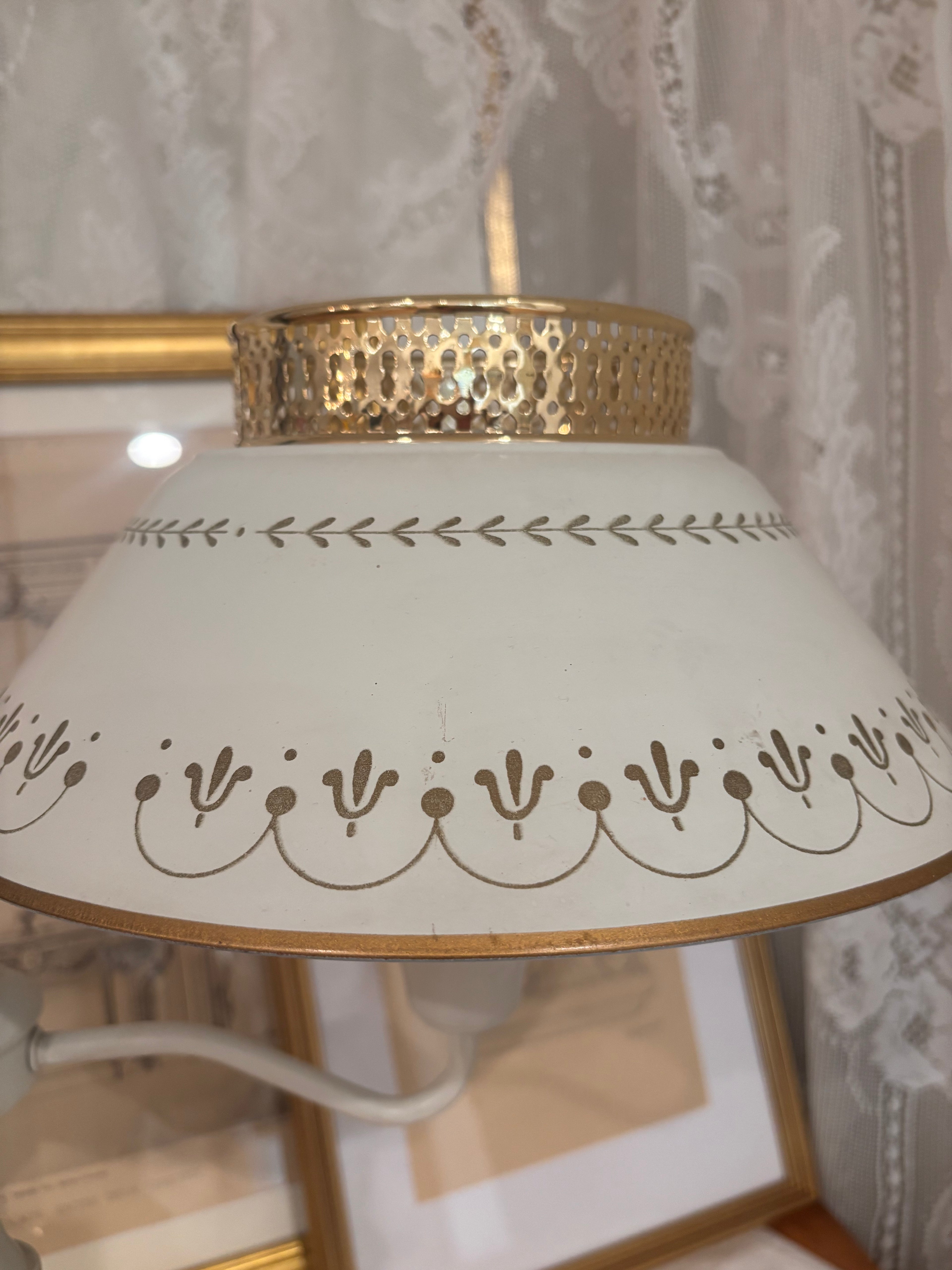 Vintage Mid-20th-Century Cream & Brass Toleware Lamp