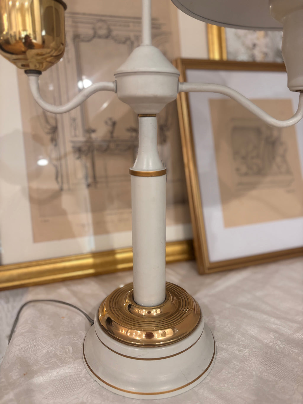 Vintage Mid-20th-Century Cream & Brass Toleware Lamp