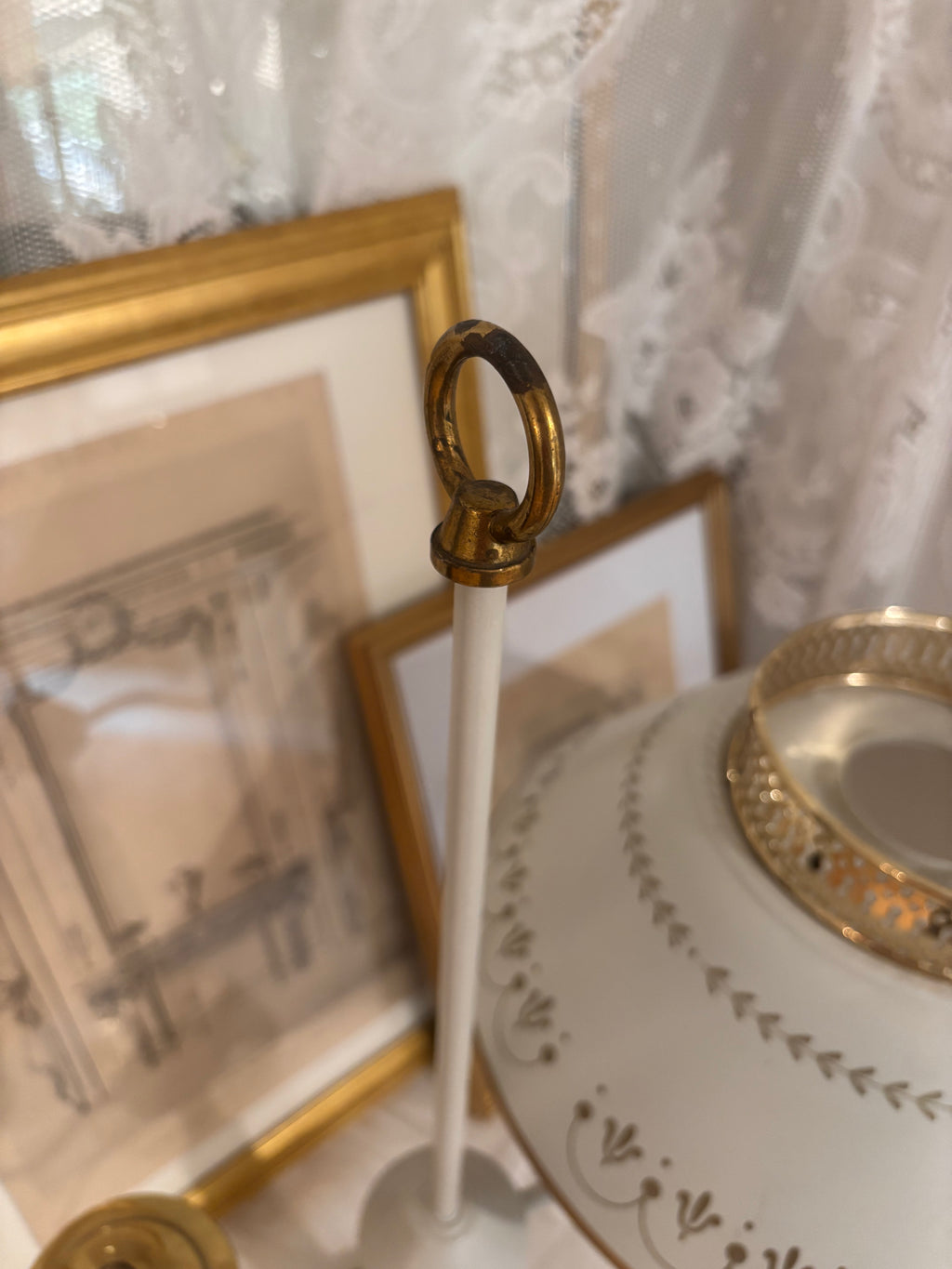 Vintage Mid-20th-Century Cream & Brass Toleware Lamp