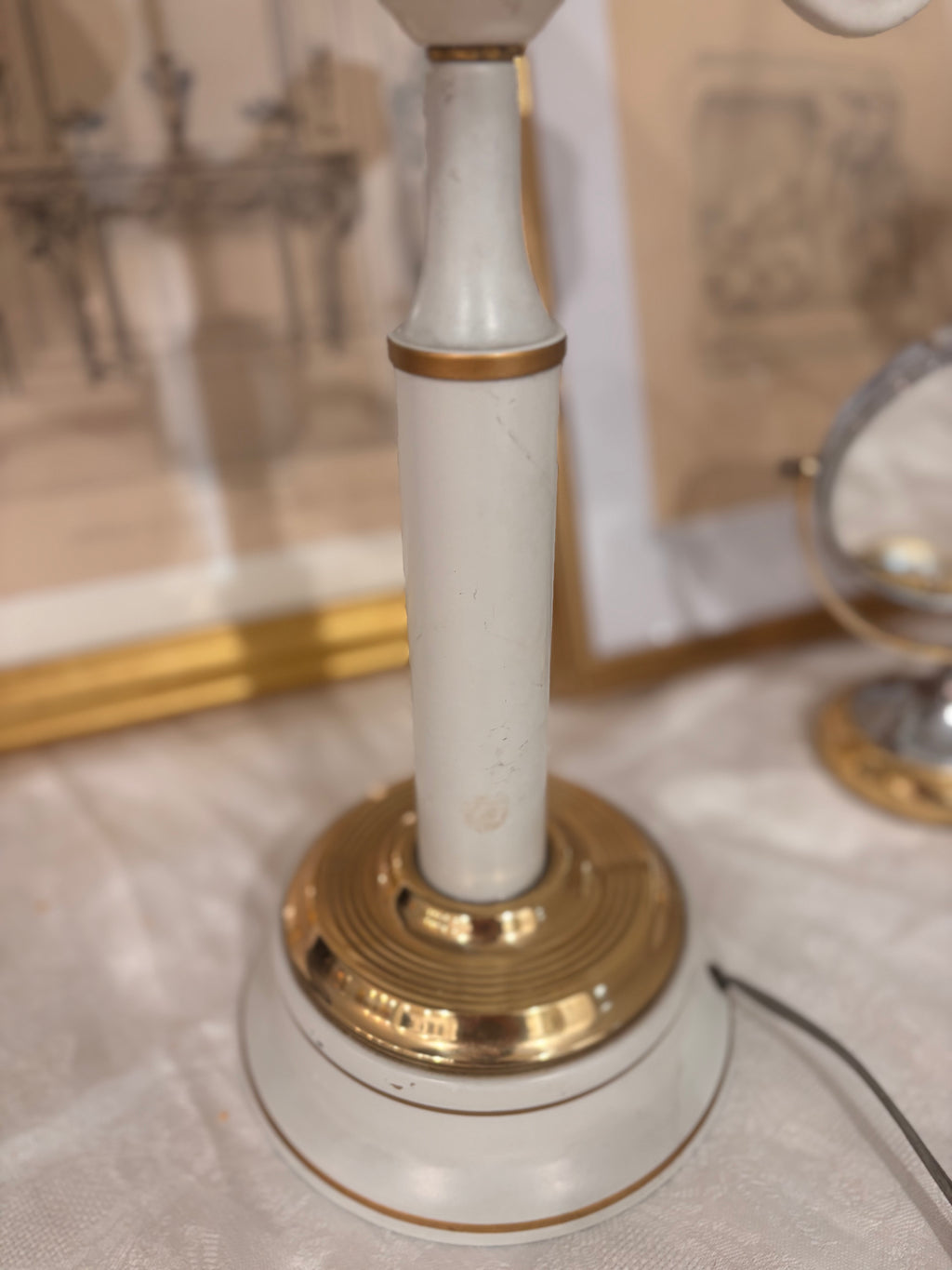 Vintage Mid-20th-Century Cream & Brass Toleware Lamp