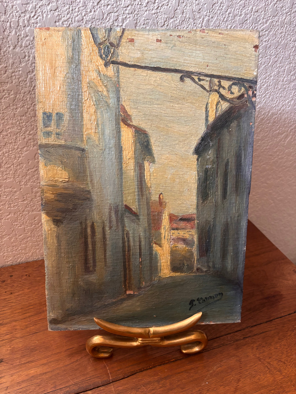 Vintage European Street Scene Painting Oil on Wood Panel
