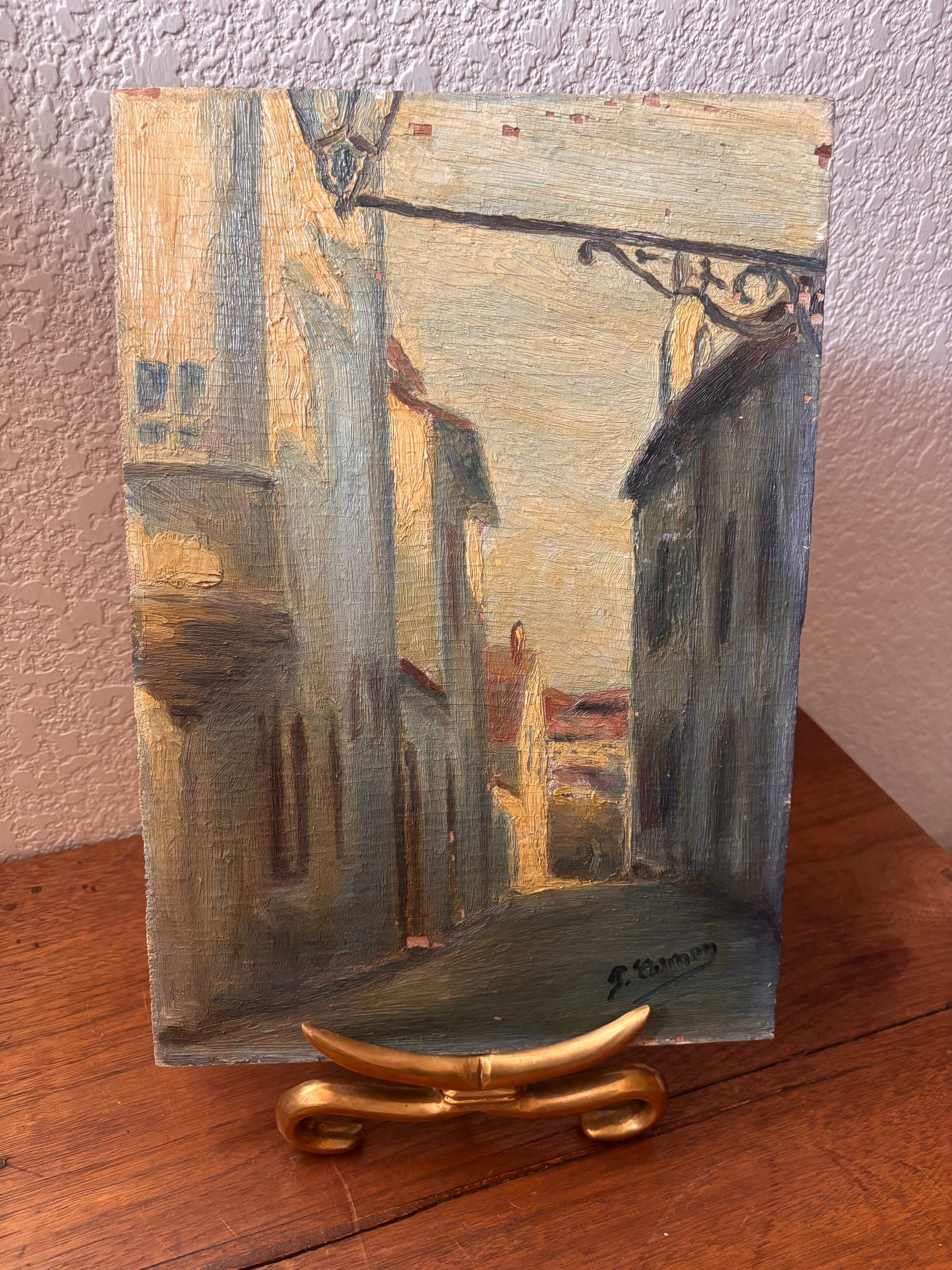 Vintage European Street Scene Painting Oil on Wood Panel