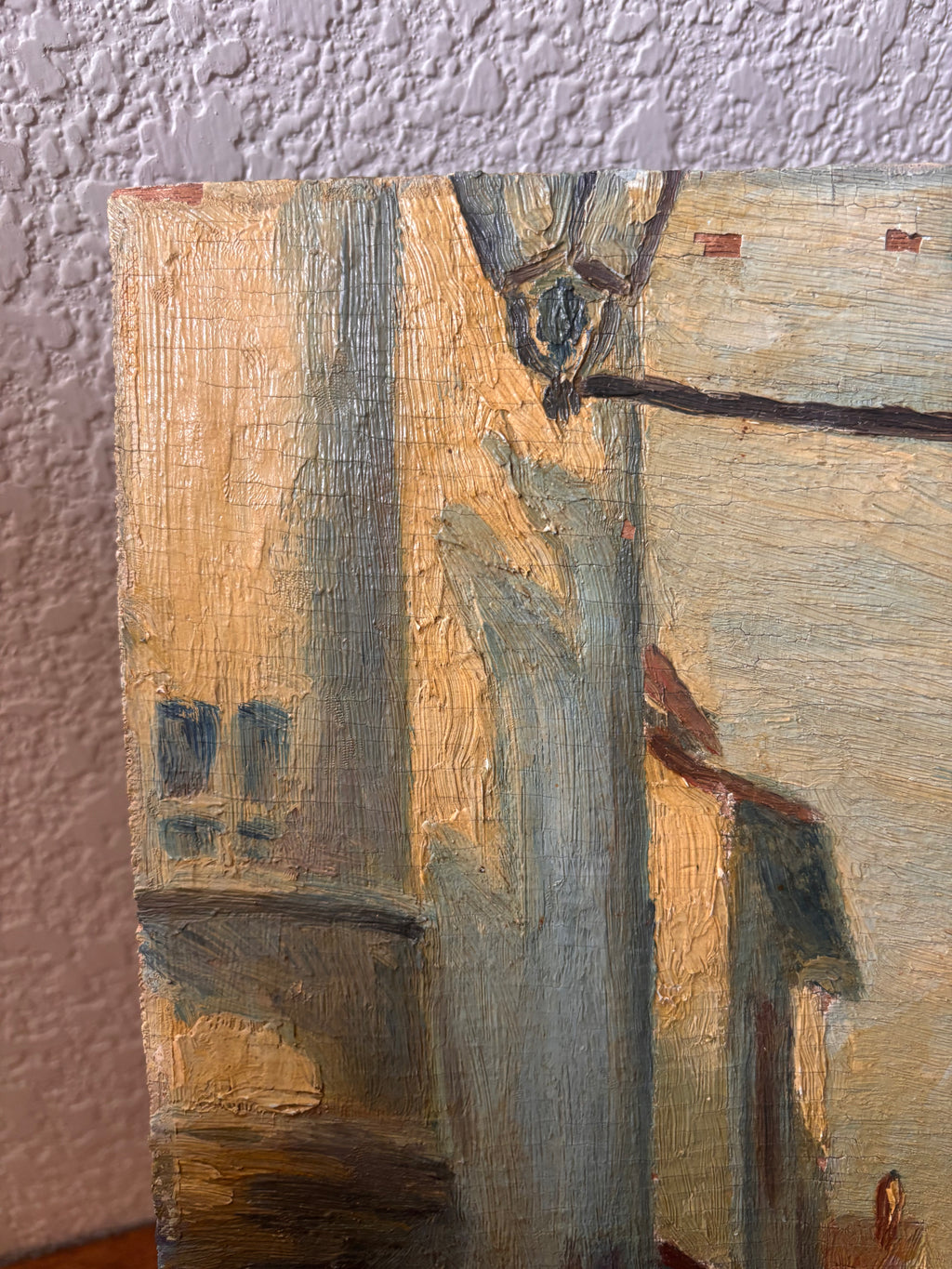 Vintage European Street Scene Painting Oil on Wood Panel