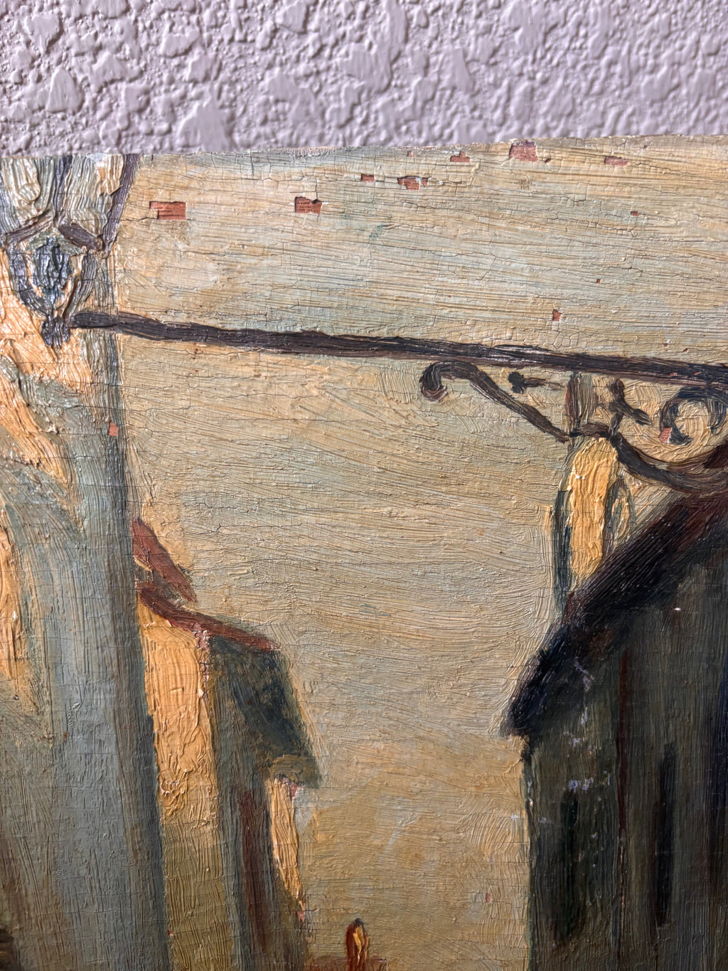 Vintage European Street Scene Painting Oil on Wood Panel