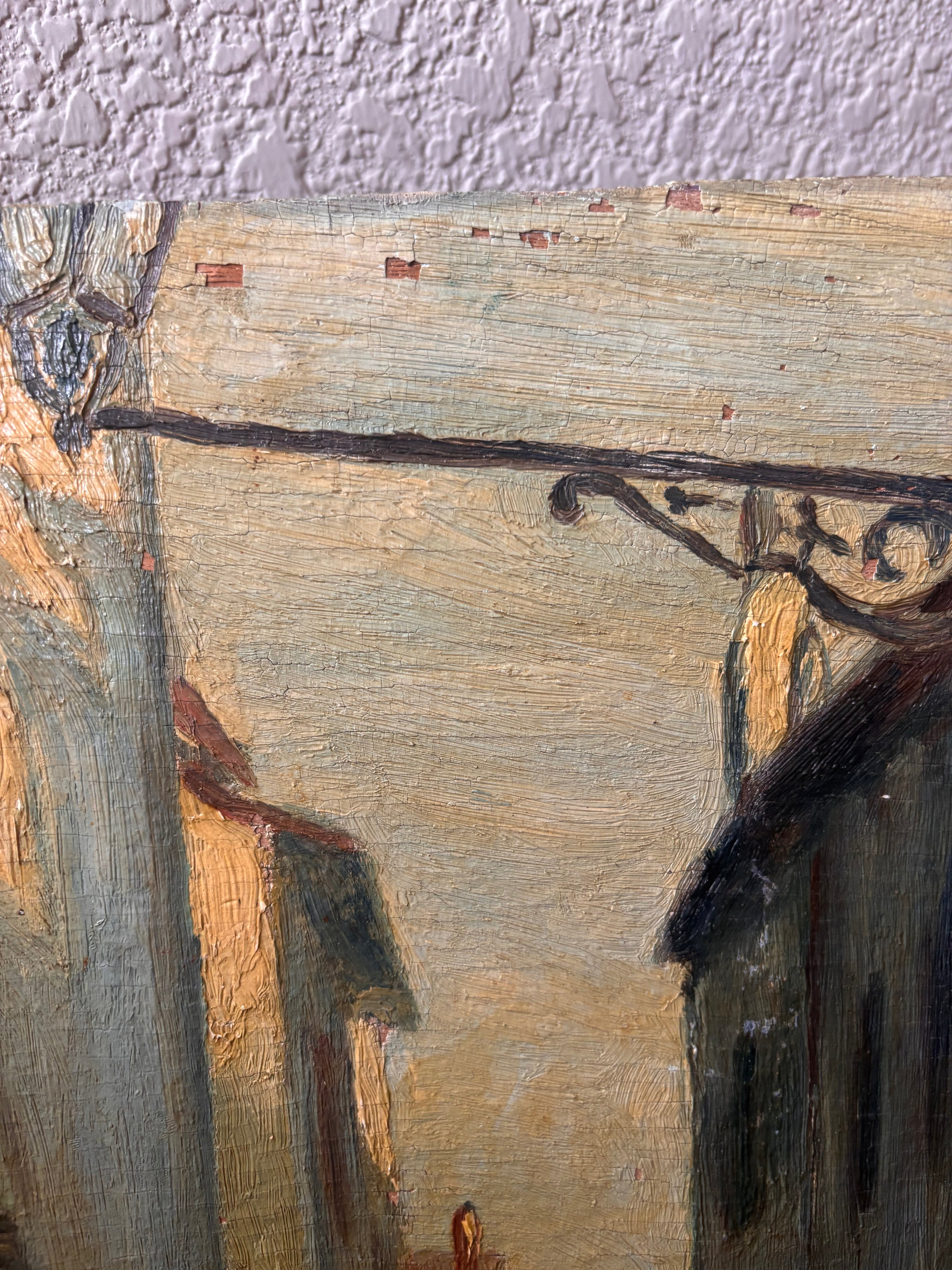 Vintage European Street Scene Painting Oil on Wood Panel