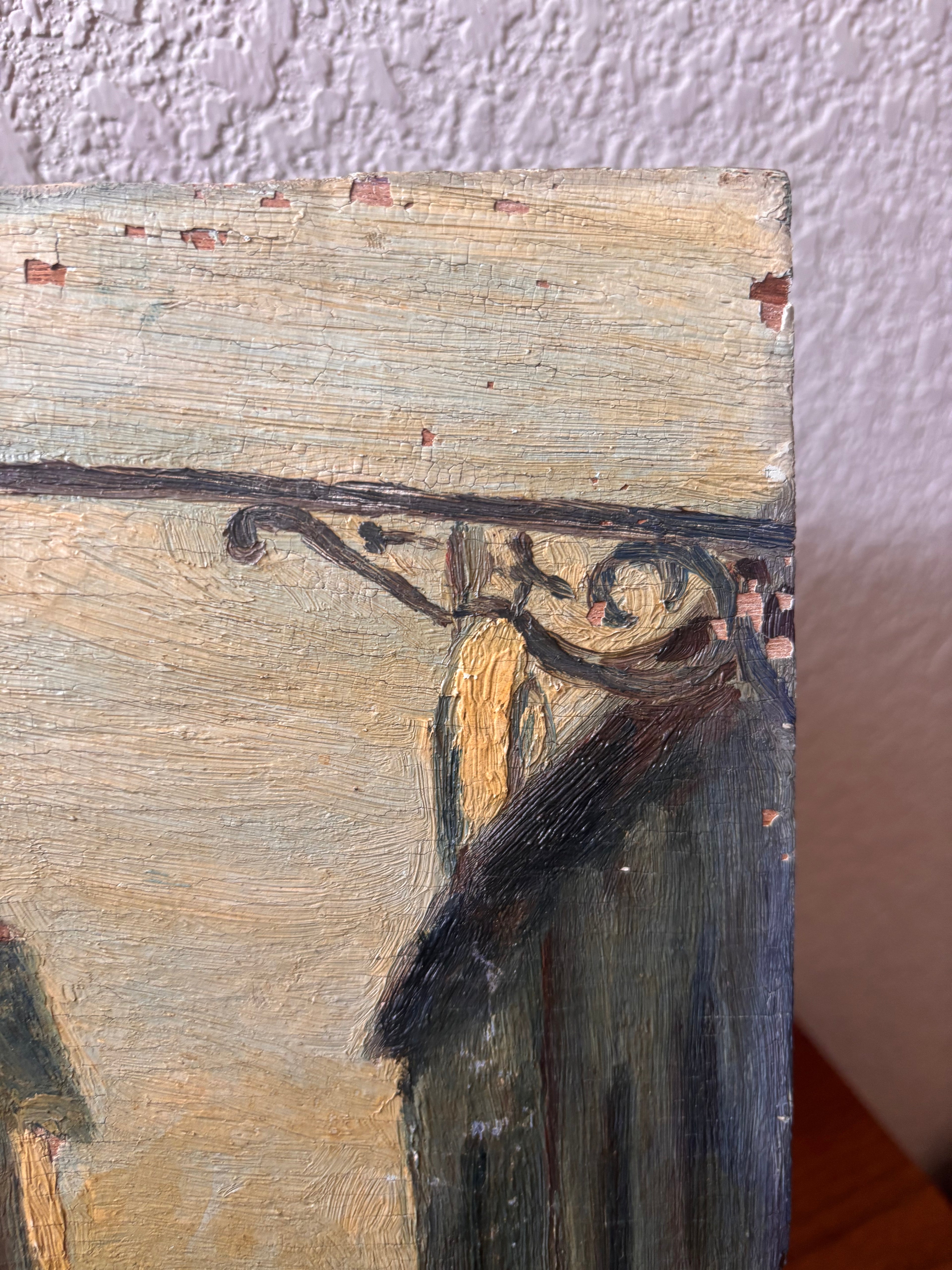 Vintage European Street Scene Painting Oil on Wood Panel