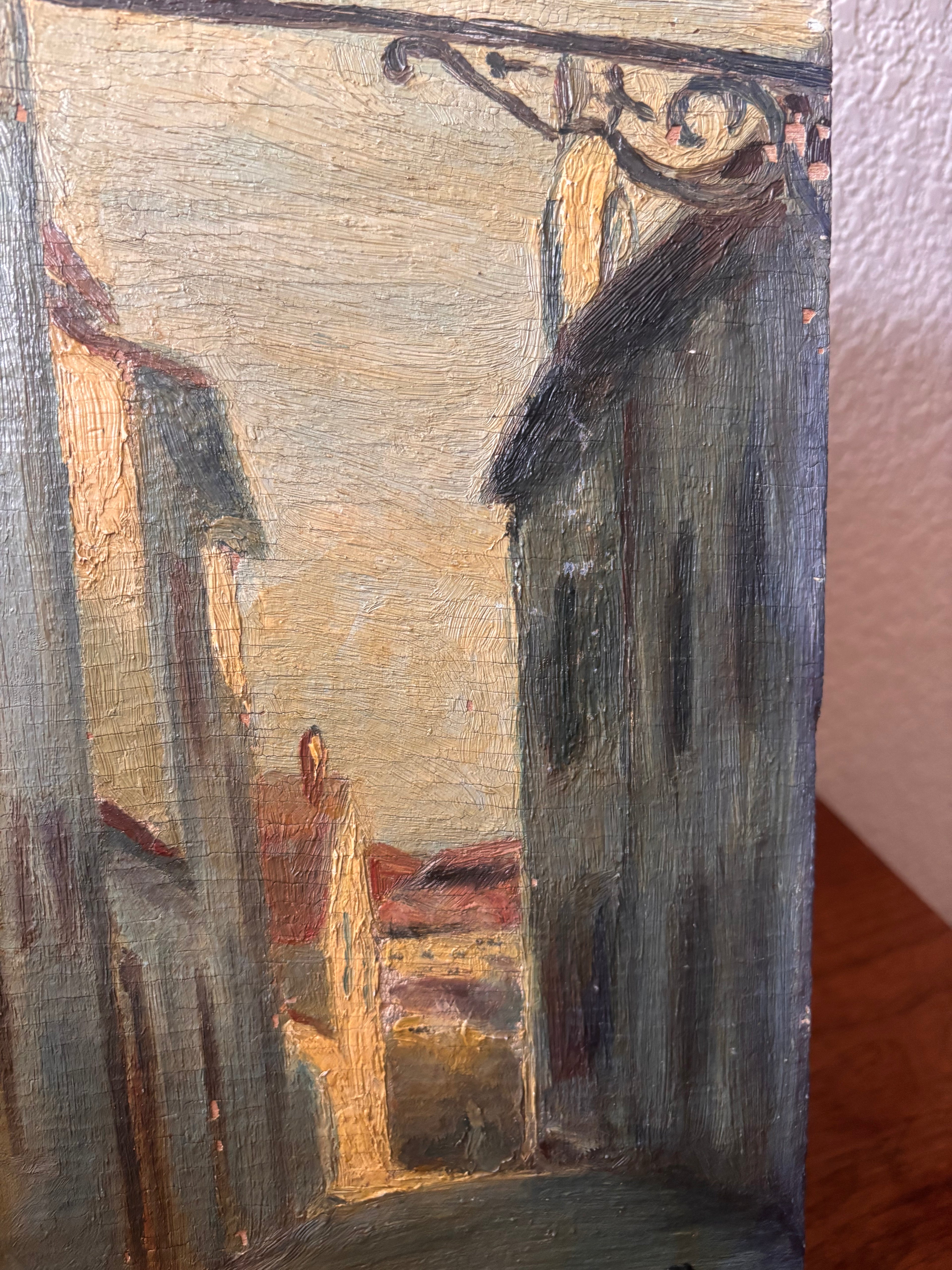 Vintage European Street Scene Painting Oil on Wood Panel