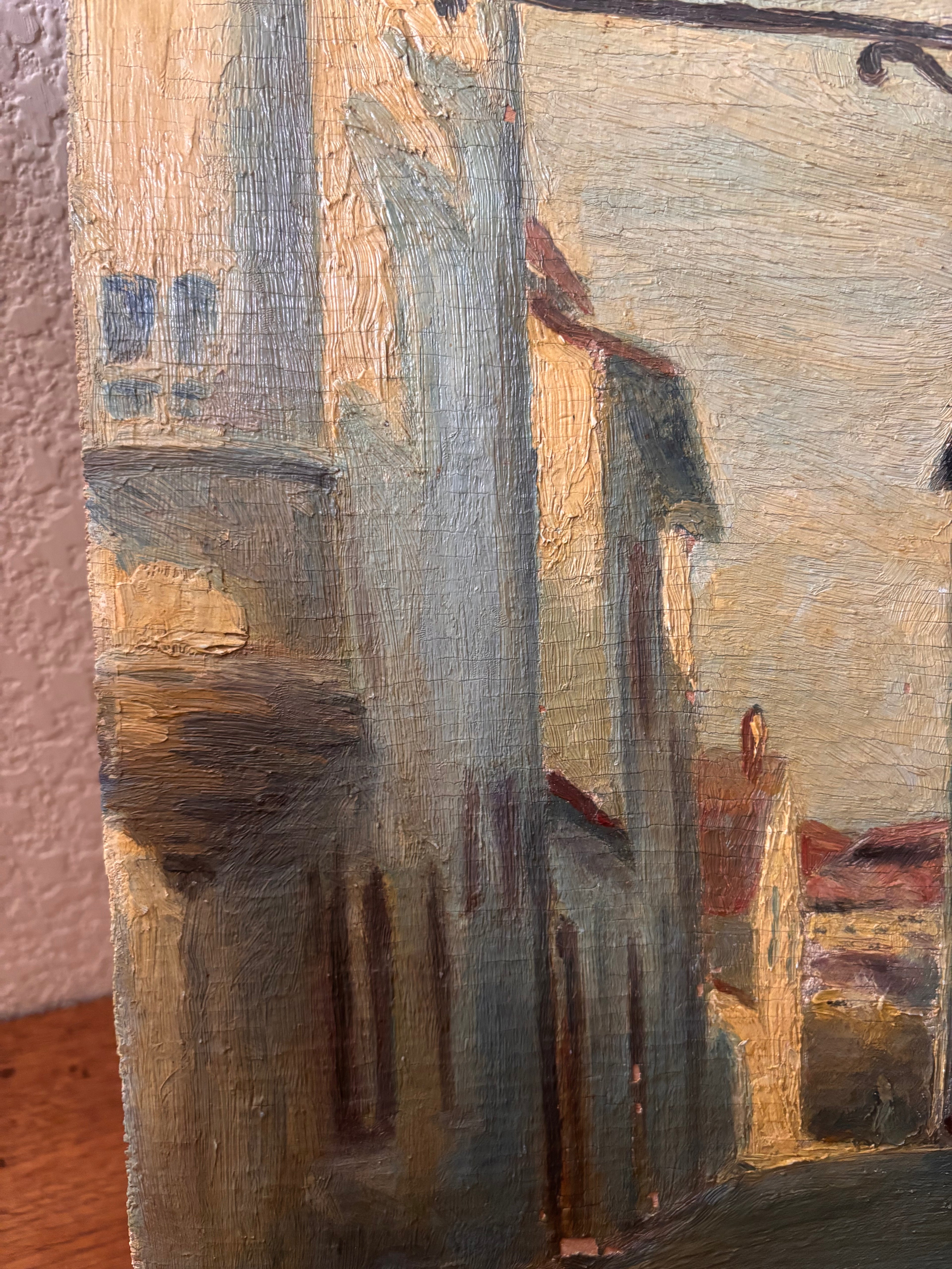 Vintage European Street Scene Painting Oil on Wood Panel